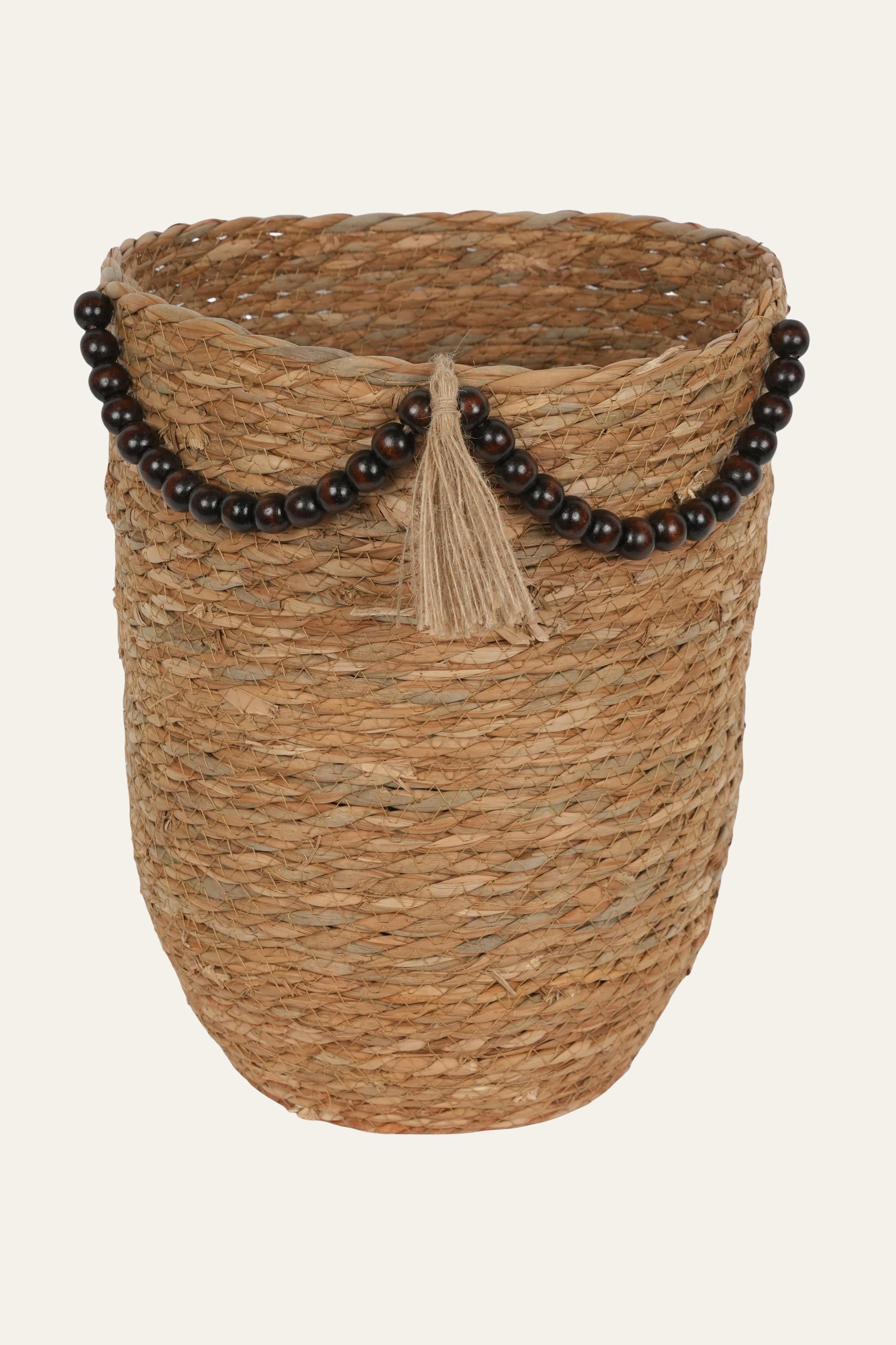 Straw & Wooden Bead Woven Basket - Large