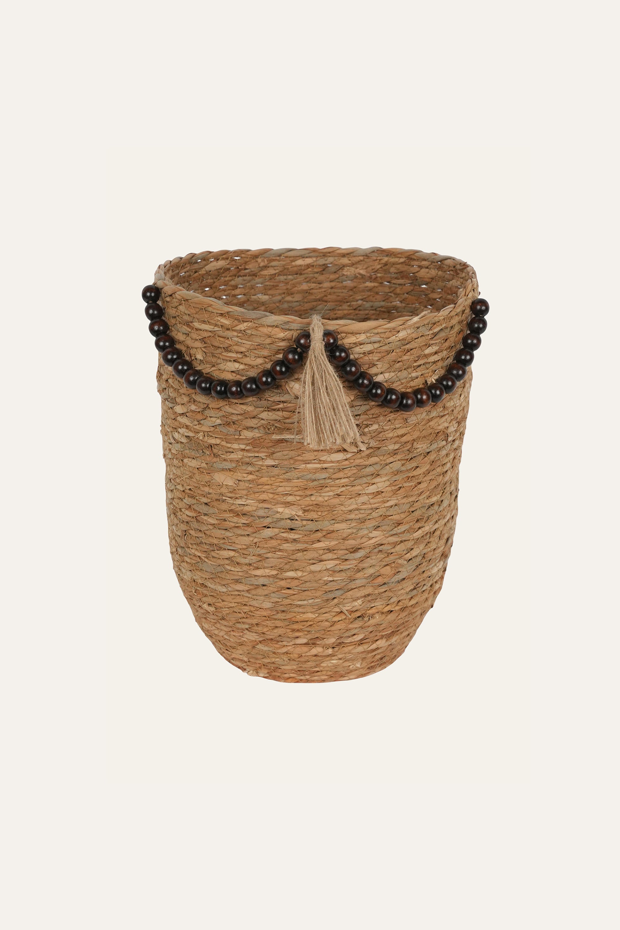 Straw & Wooden Bead Woven Storage Basket - Small