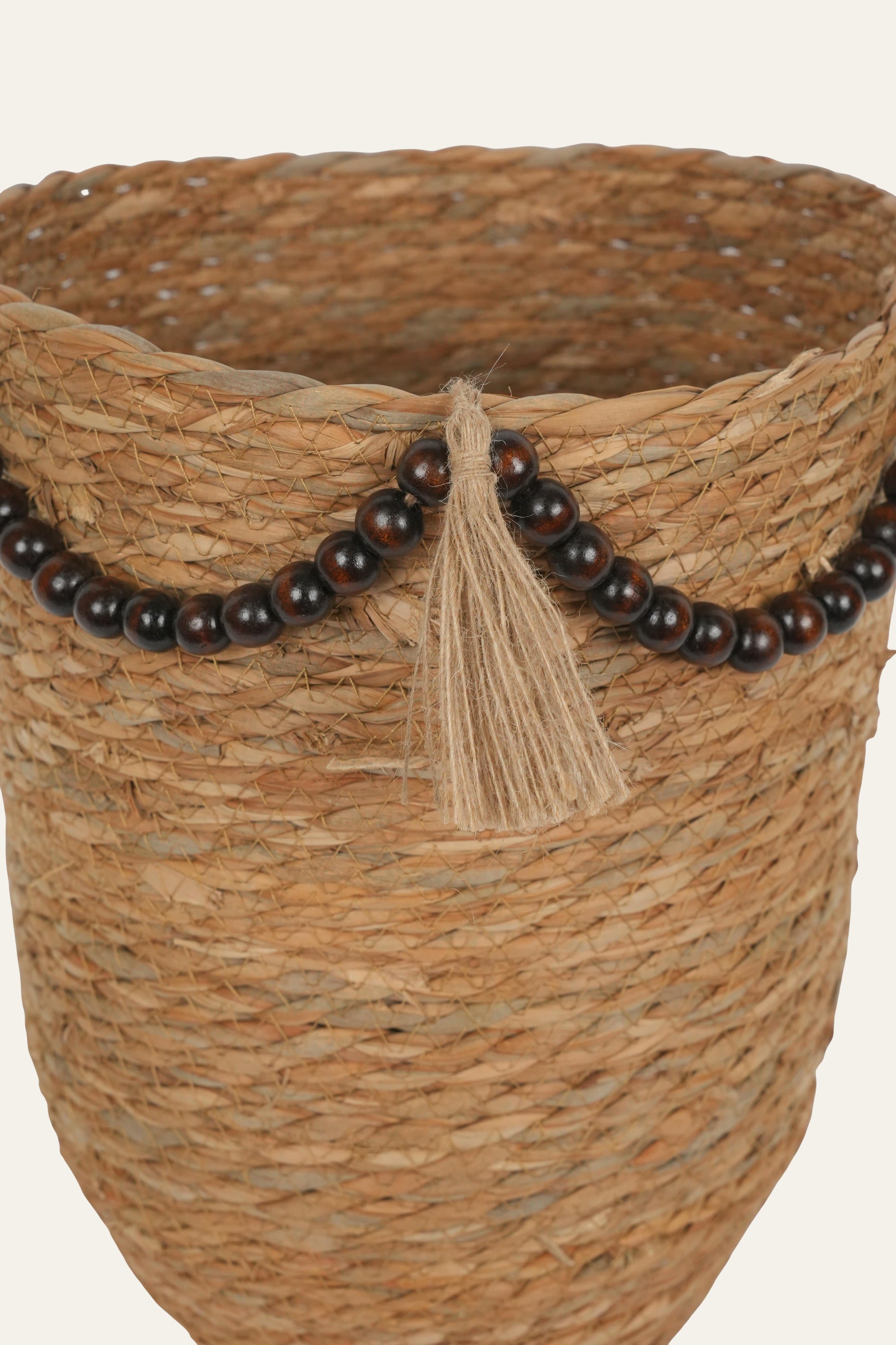 Straw & Wooden Bead Woven Basket - Large
