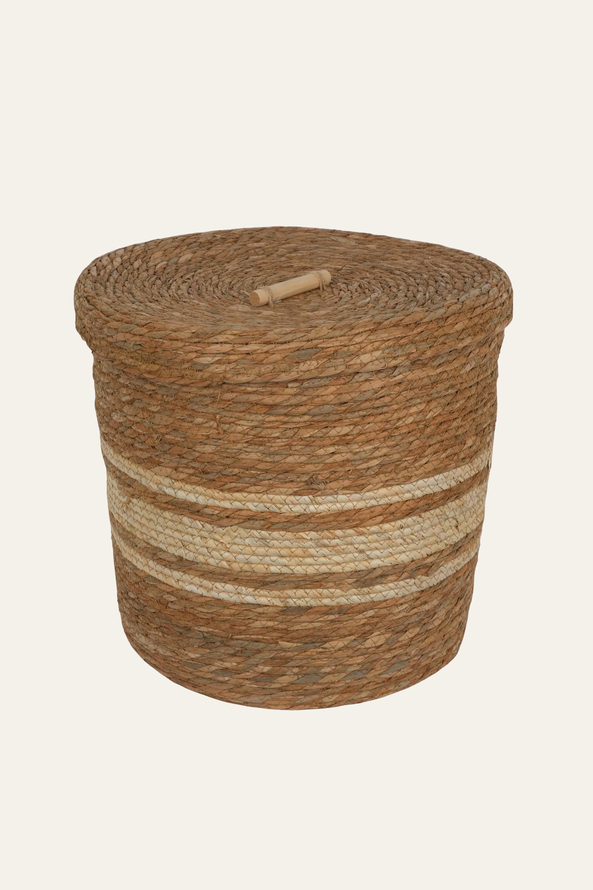 Striped Straw & Wood Lidded Basket - Large
