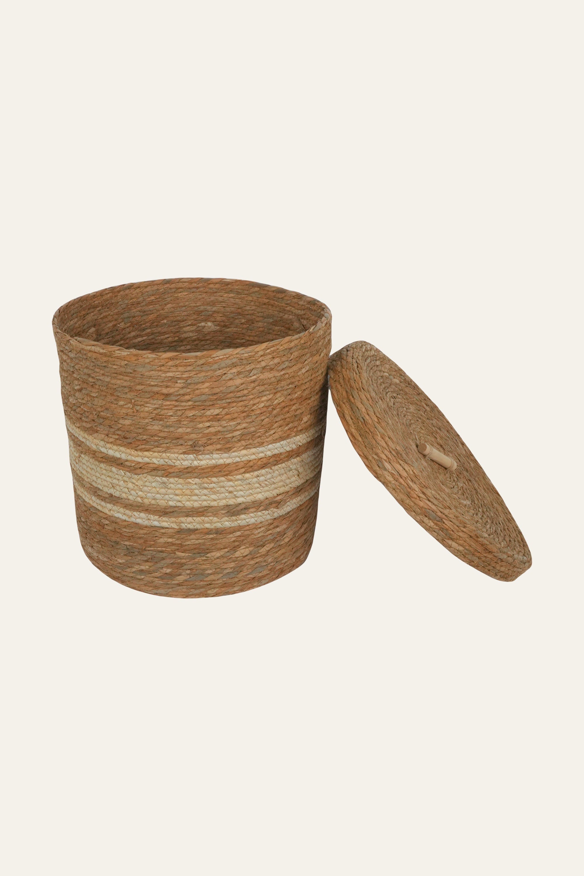 Striped Straw & Wood Lidded Basket - Large