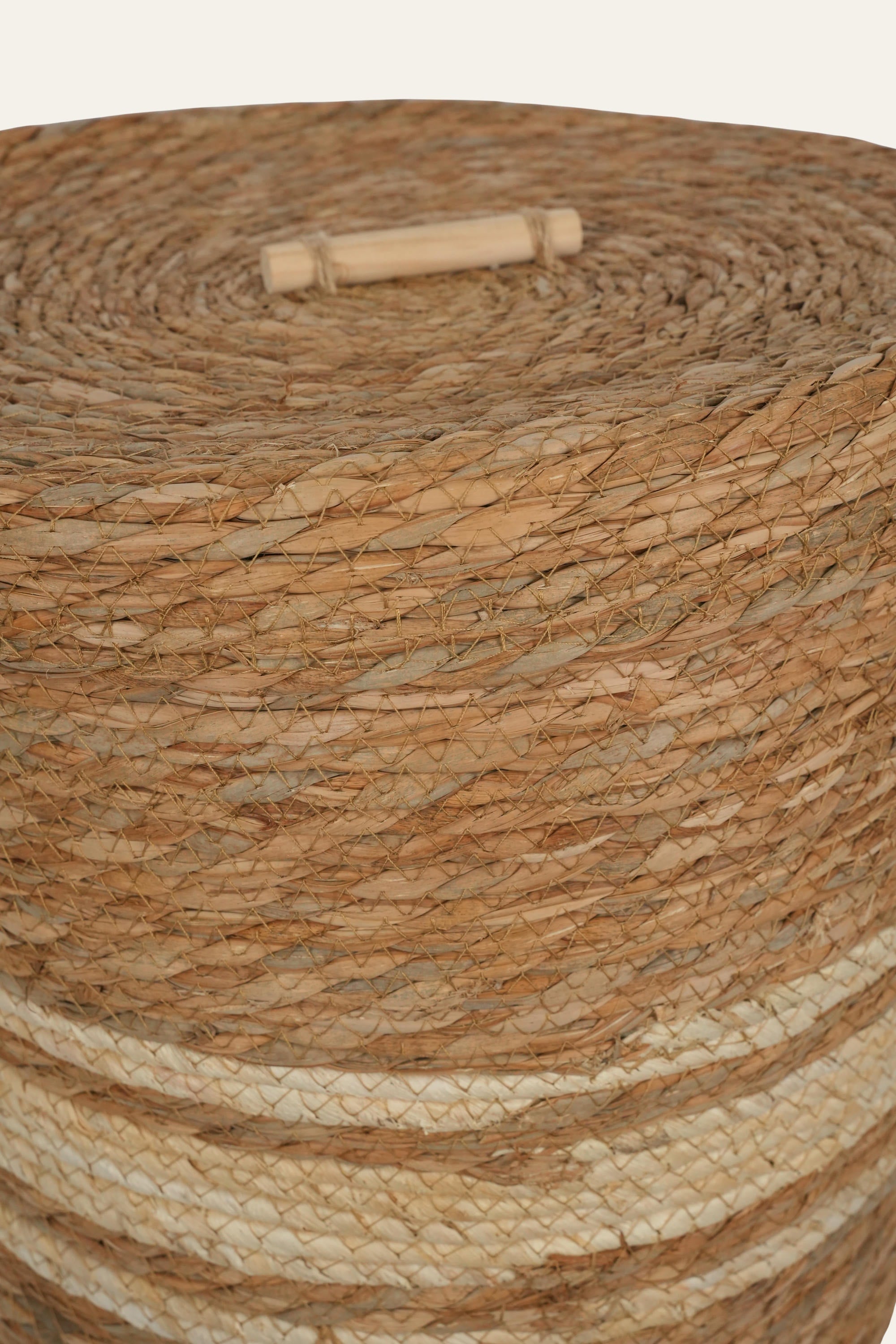 Striped Straw & Wood Lidded Basket - Large