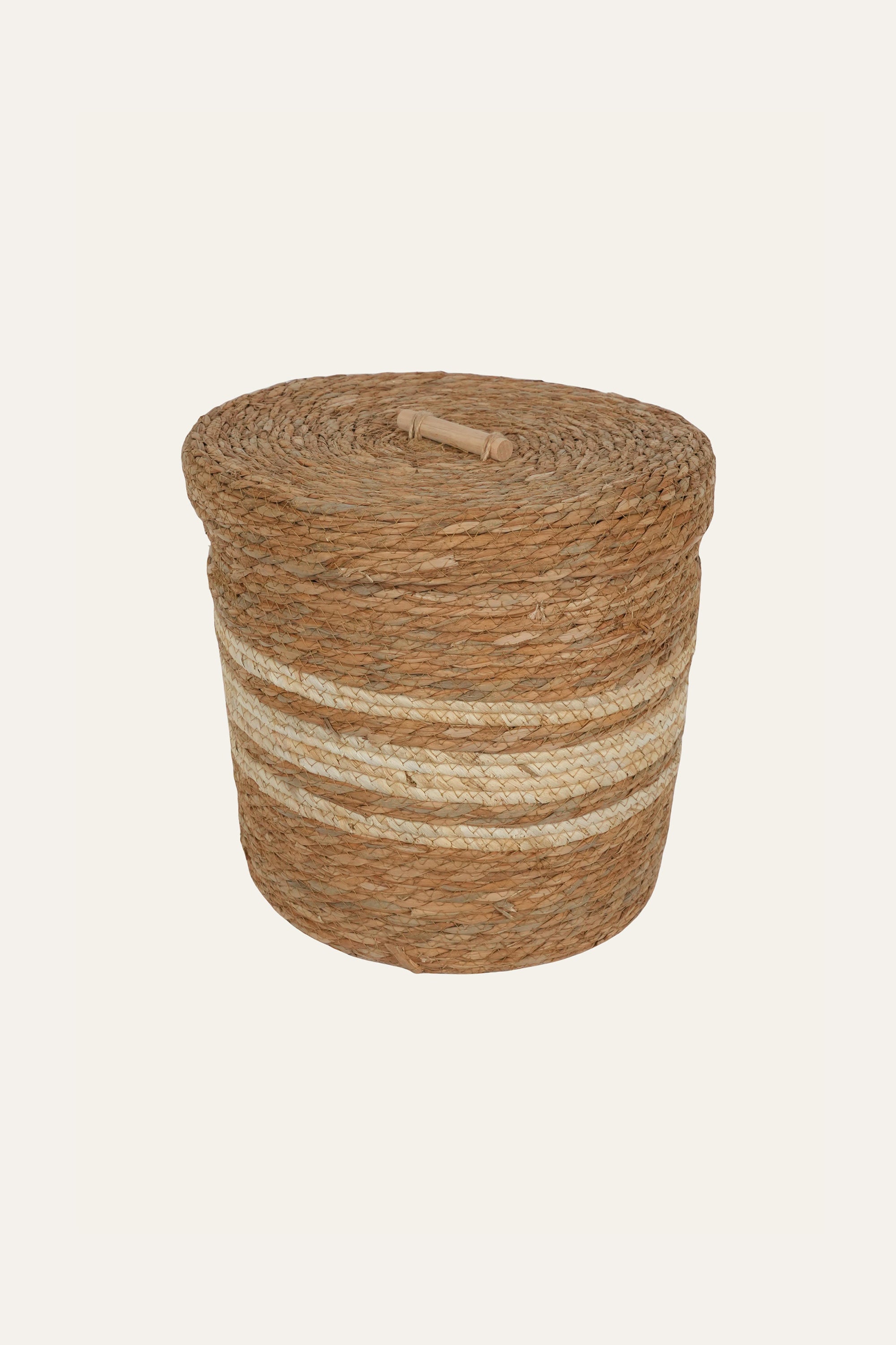 Striped Straw & Wood Lidded Basket - Medium