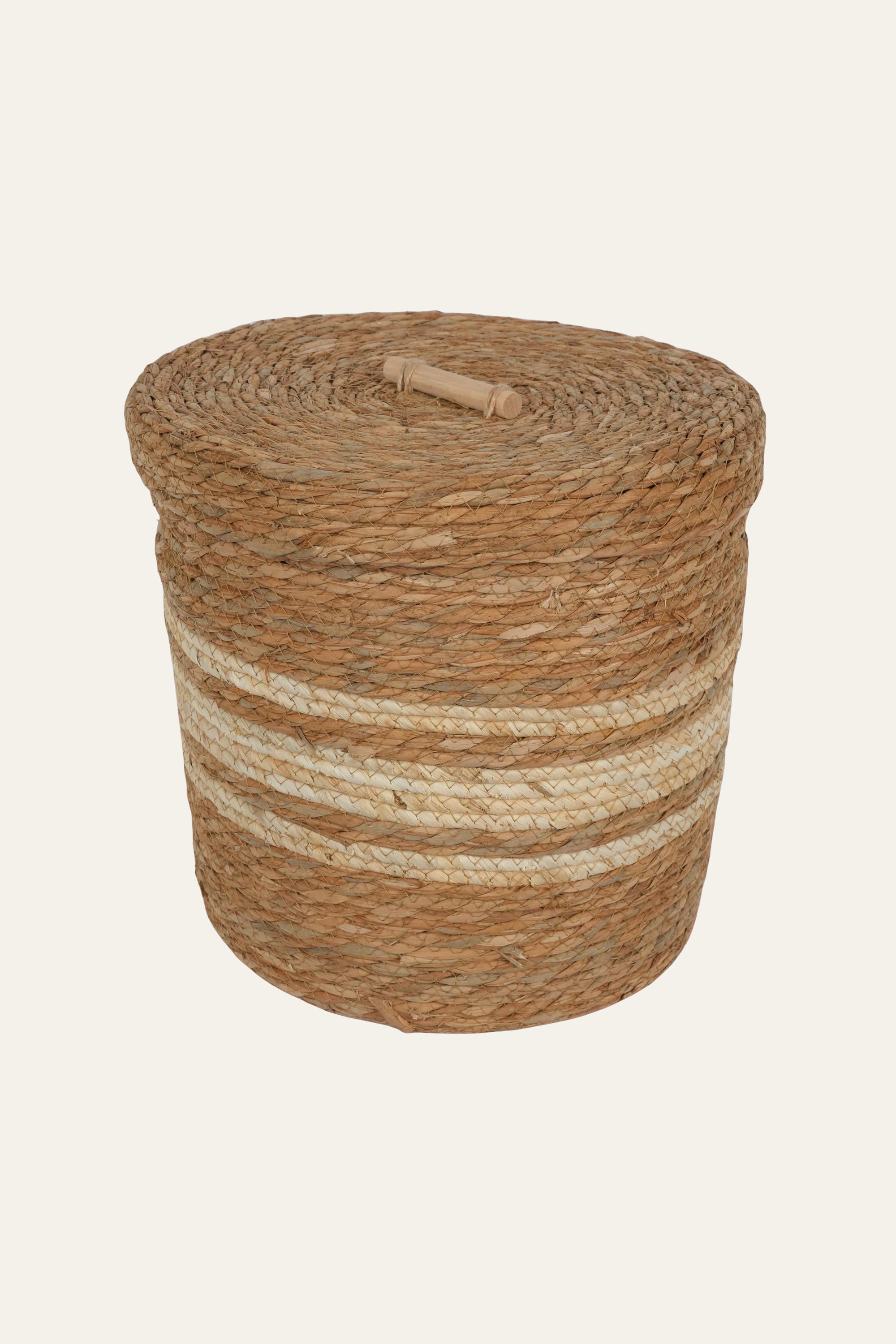 Striped Straw & Wood Lidded Basket - Medium