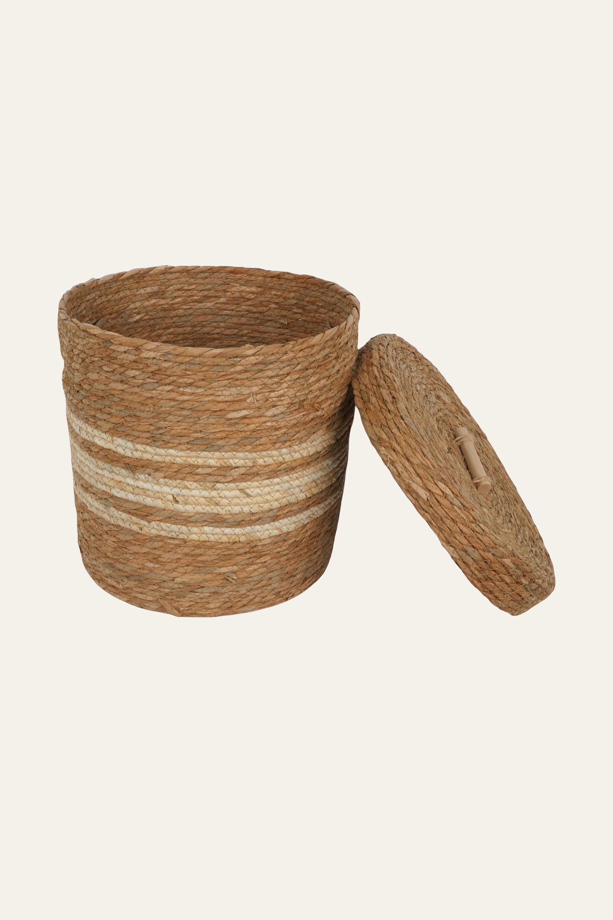 Striped Straw & Wood Lidded Basket - Medium