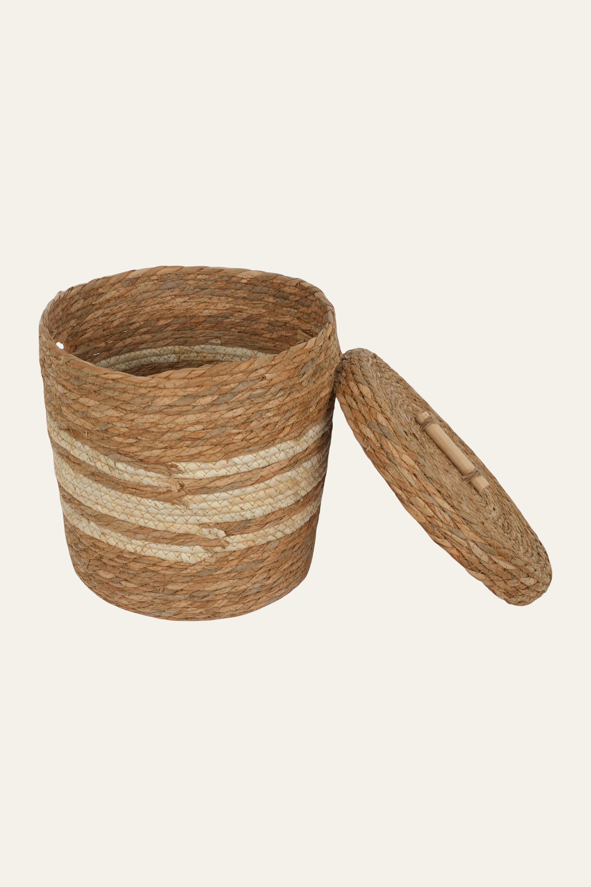 Striped Straw & Wood  Storage Basket - Small