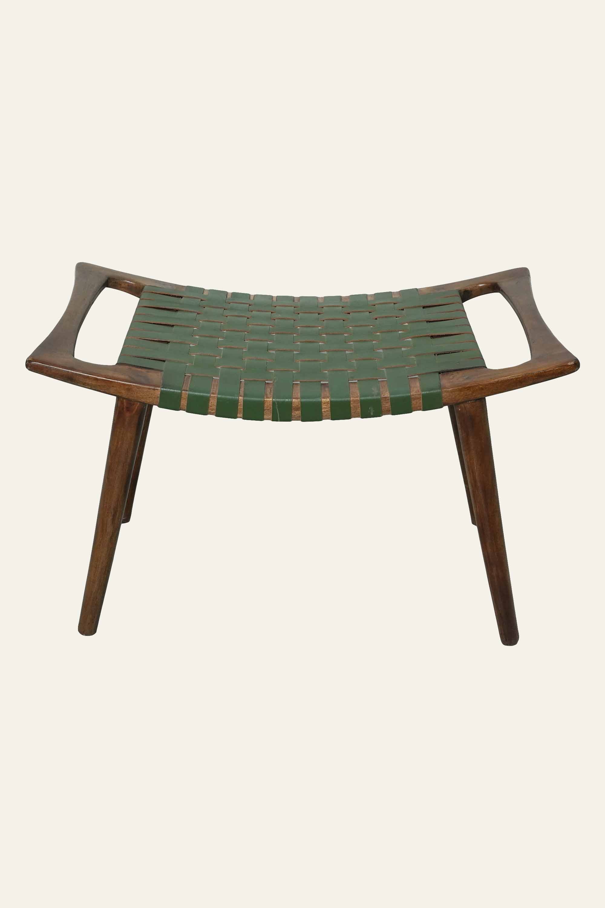 Green Leather Woven Wooden Stool for Living Room