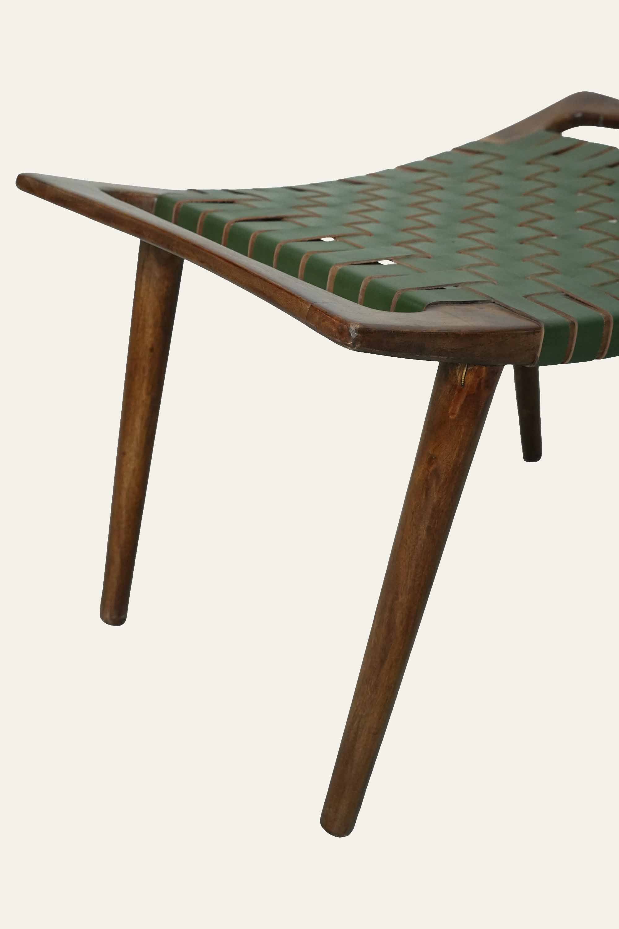 Green Leather Woven Wooden Stool for Living Room