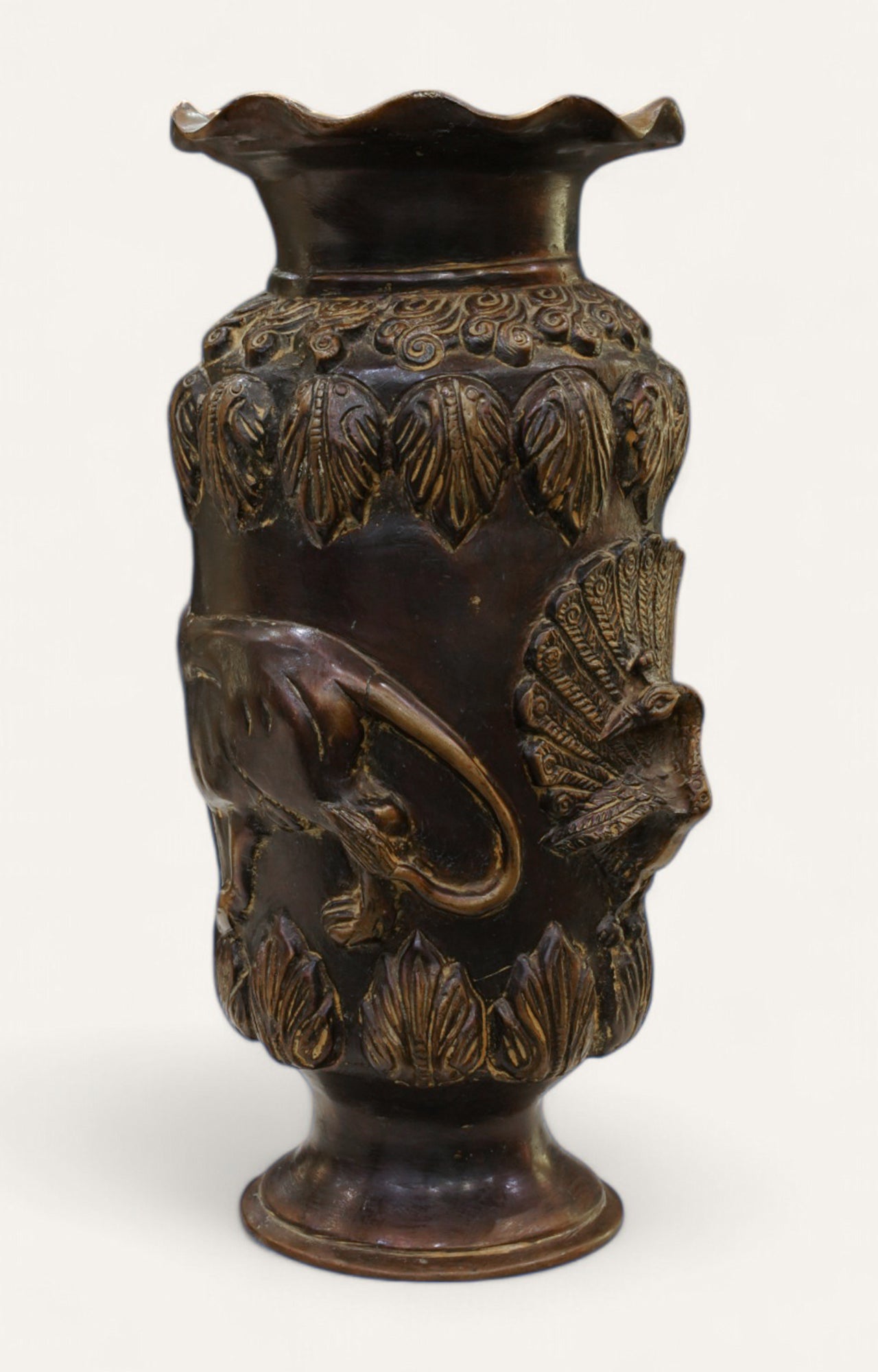 Elephant & Peacock Embossed Heritage Brass Vase Home Décor