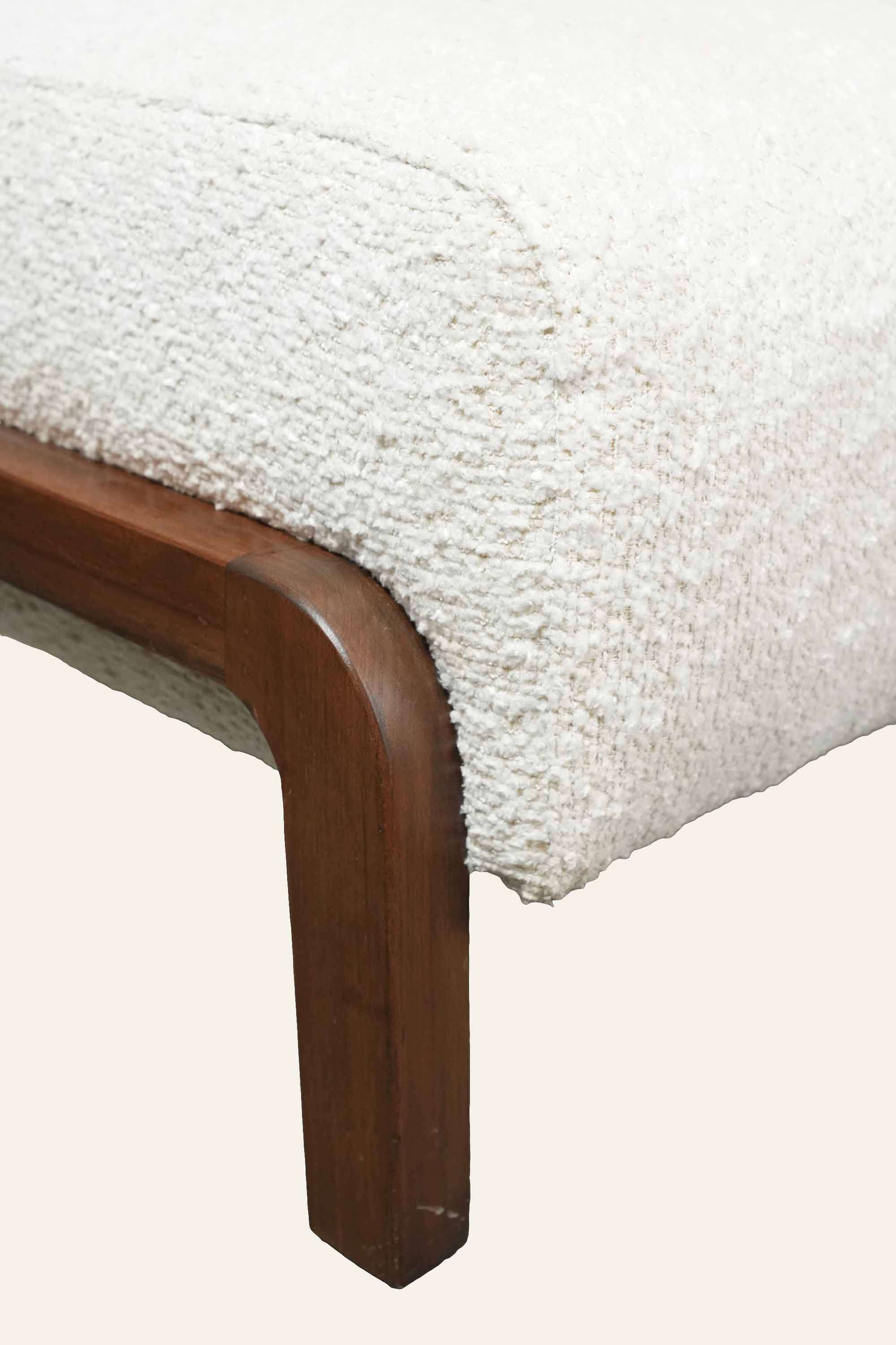 White Boucle Pouf Stool with Curved Wooden Legs