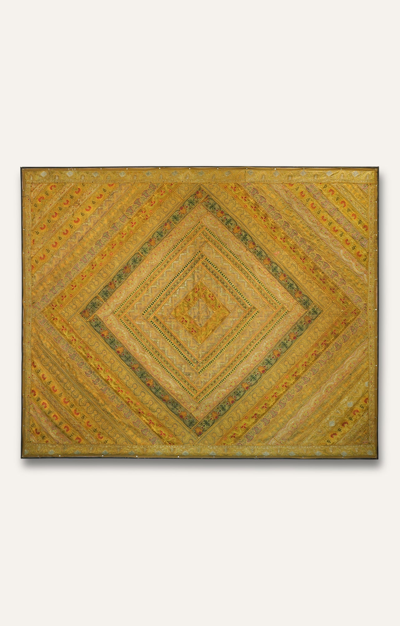 Framed Vintage Indian Embroidered Textile Wall Hanging in Golden Diamond Pattern