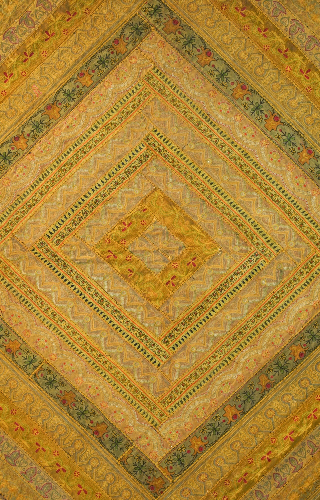 Framed Vintage Indian Embroidered Textile Wall Hanging in Golden Diamond Pattern
