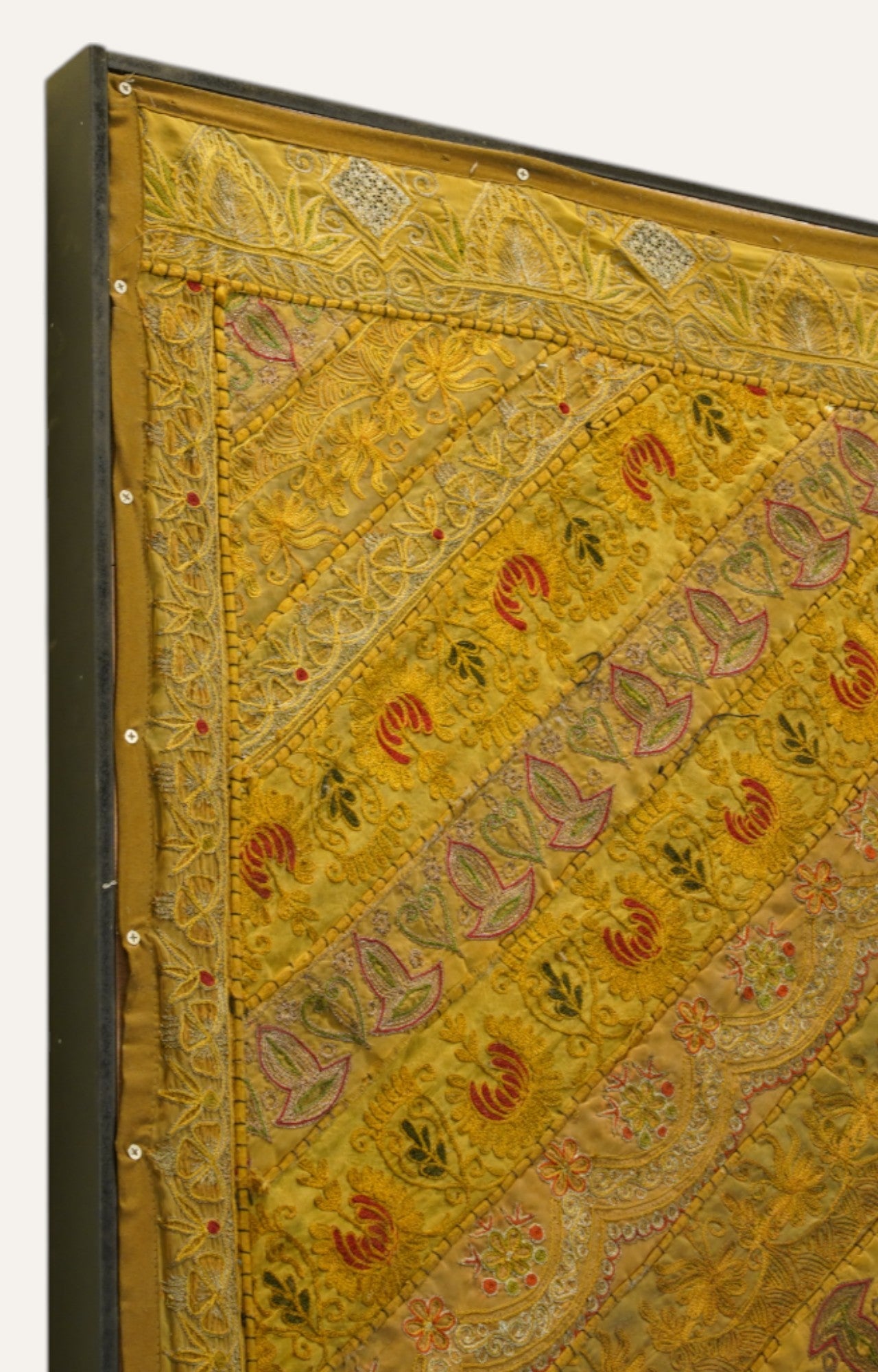 Framed Vintage Indian Embroidered Textile Wall Hanging in Golden Diamond Pattern