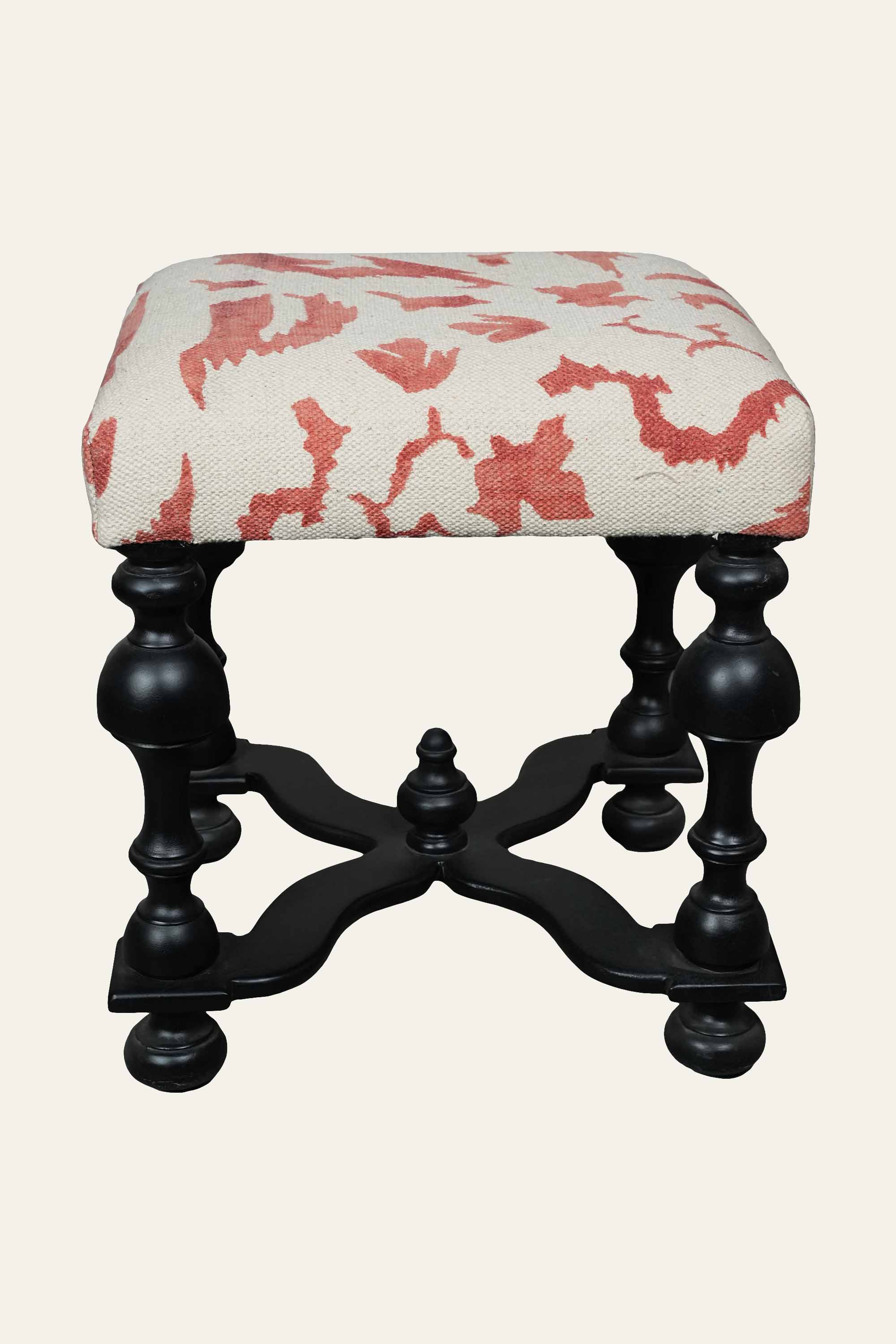 Red & White Dhurrie Upholstered Stool with Turned Wooden Legs