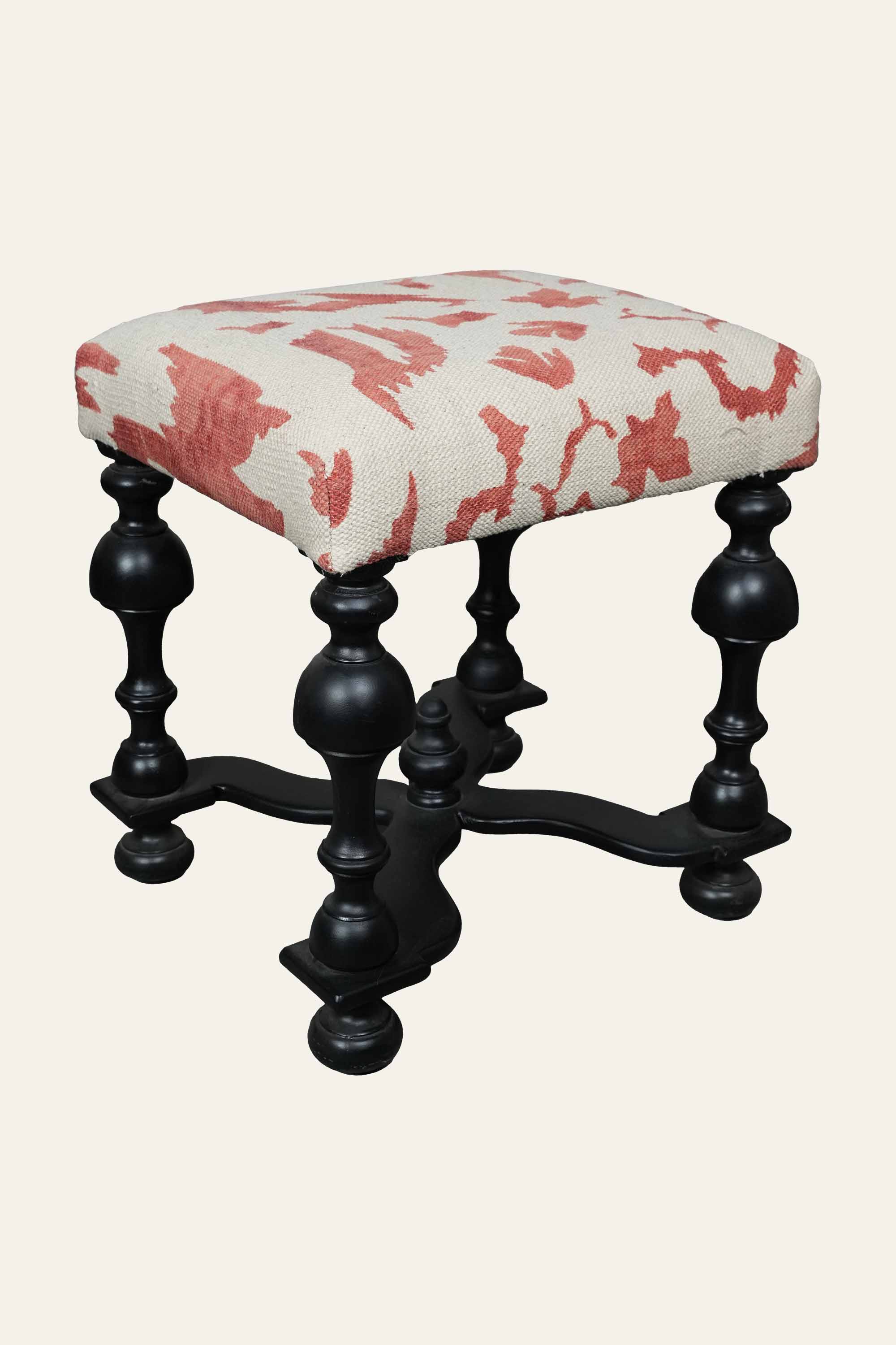 Red & White Dhurrie Upholstered Stool with Turned Wooden Legs