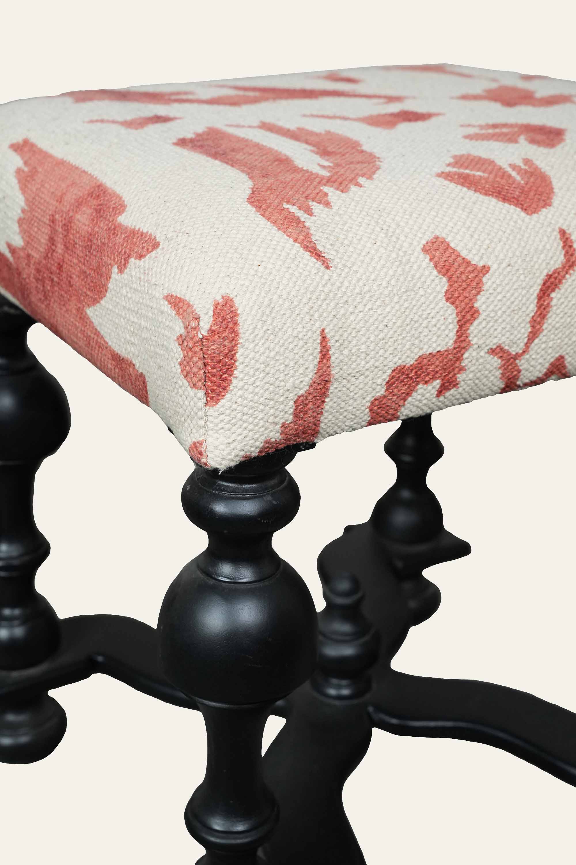 Red & White Dhurrie Upholstered Stool with Turned Wooden Legs