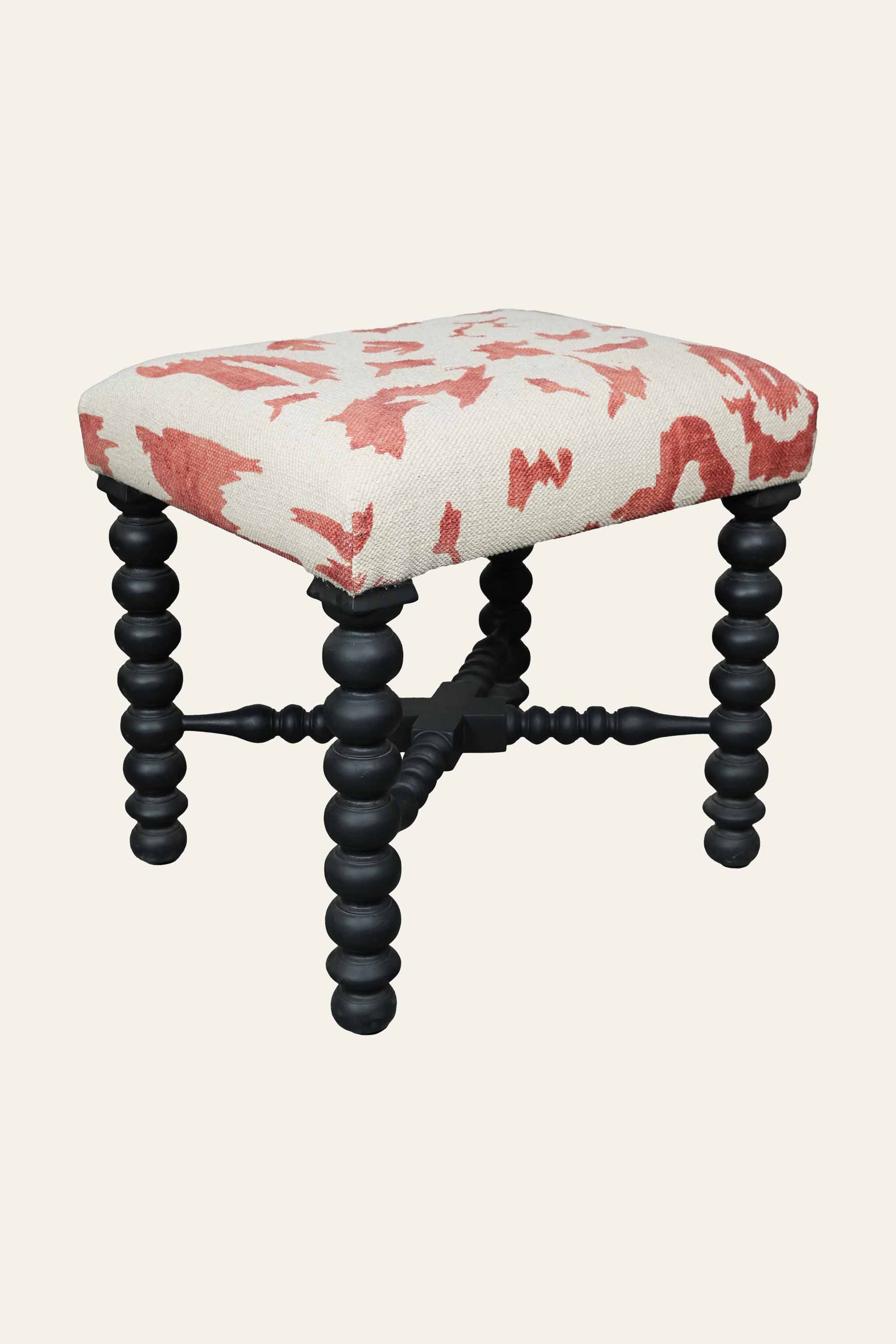 White & Red Printed Dhurrie Stool with Black Bobbin Legs