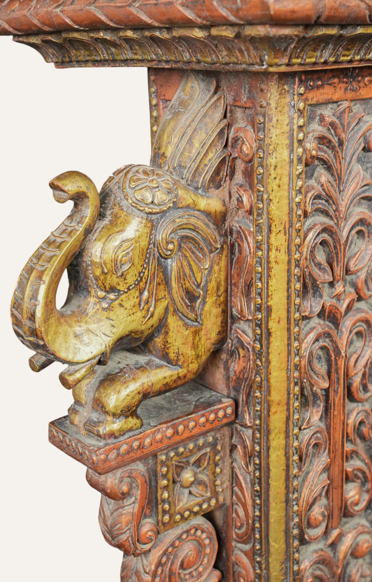 Hand-Carved Elephant Motif Wooden Console Detail