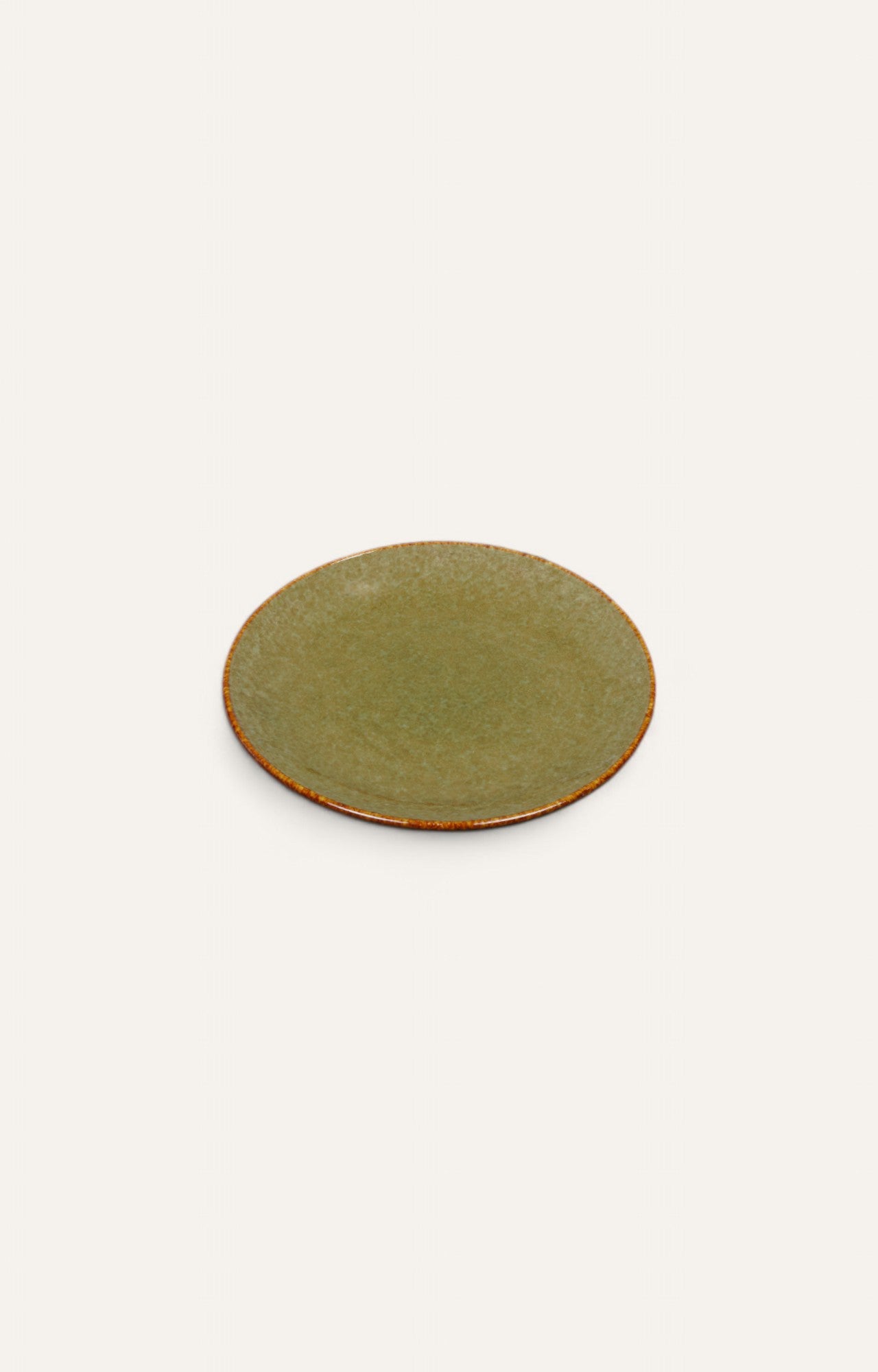  Round ceramic plate with olive glaze and burnt sienna rim 