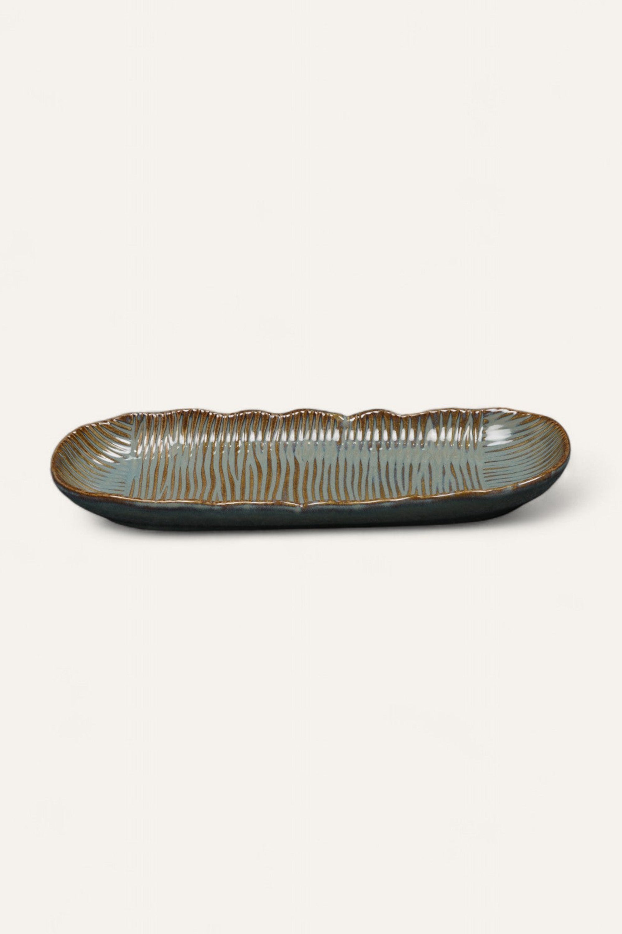 Hand-Glazed Ribbed Long Ceramic Platter