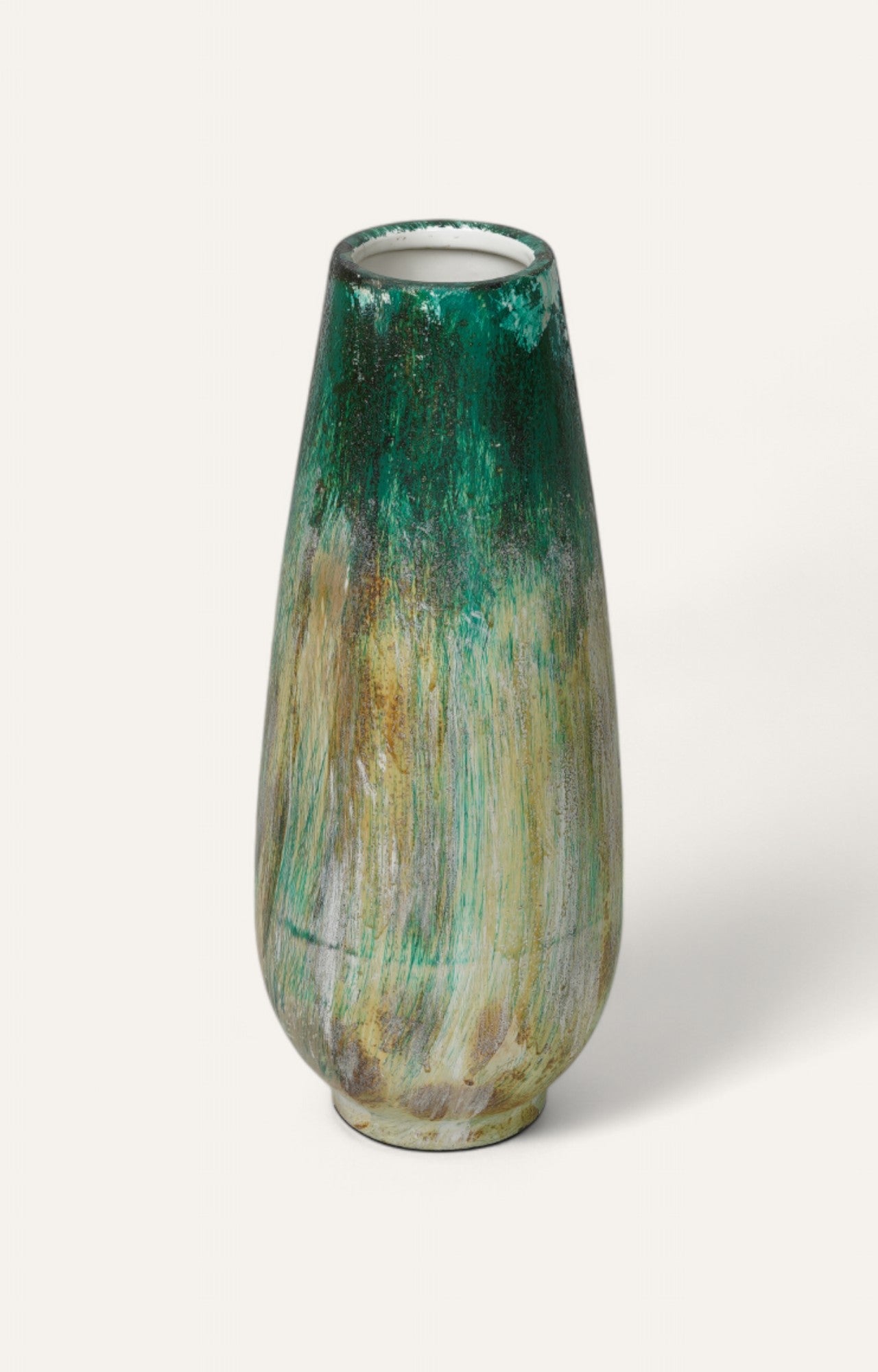 Tall, tapered ceramic vase in sage and cream patina paint
