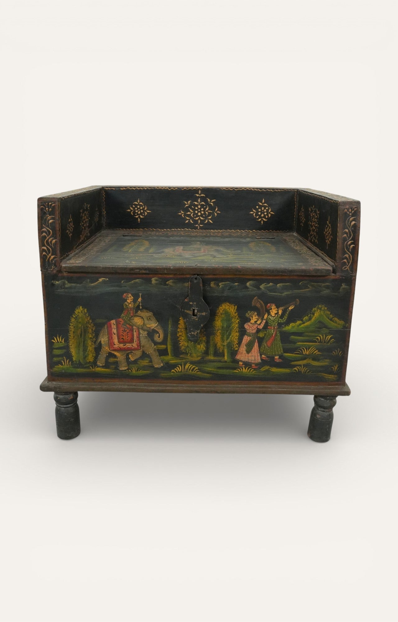 Hand-Painted Wooden Trunk with Royal Procession