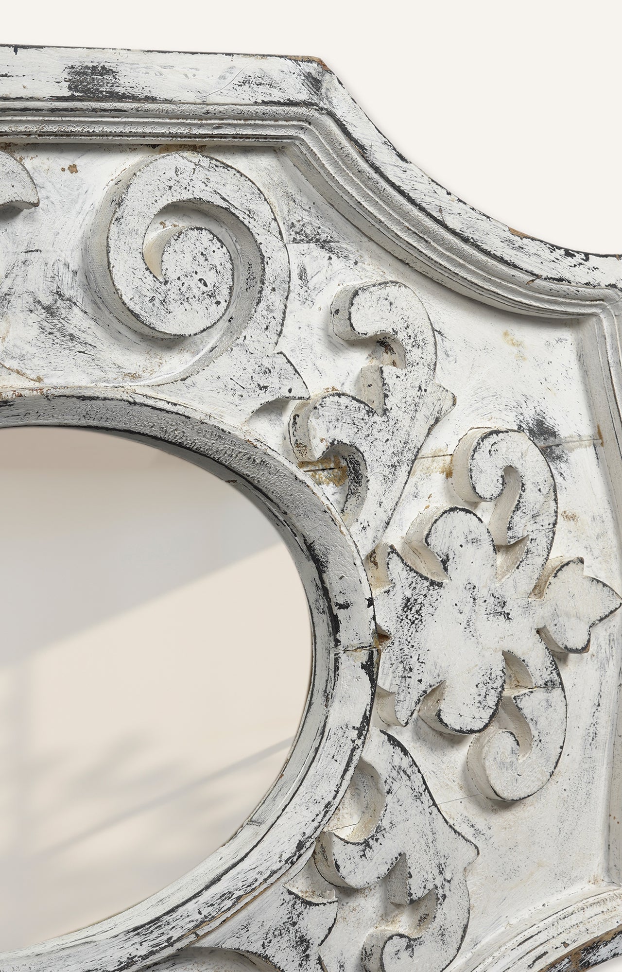 White distressed carved acacia wooden mirror