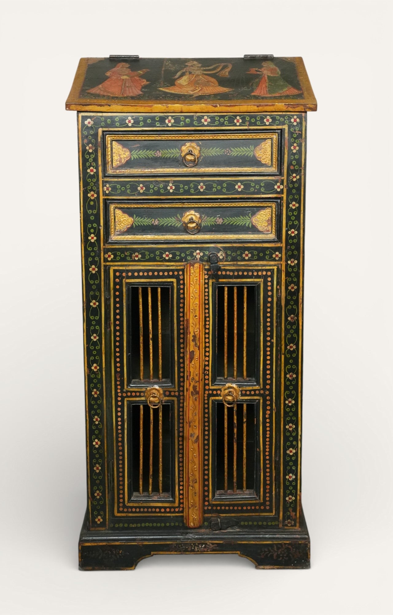 Hand-Painted Tall Wooden Cabinet with Rajasthani Figures