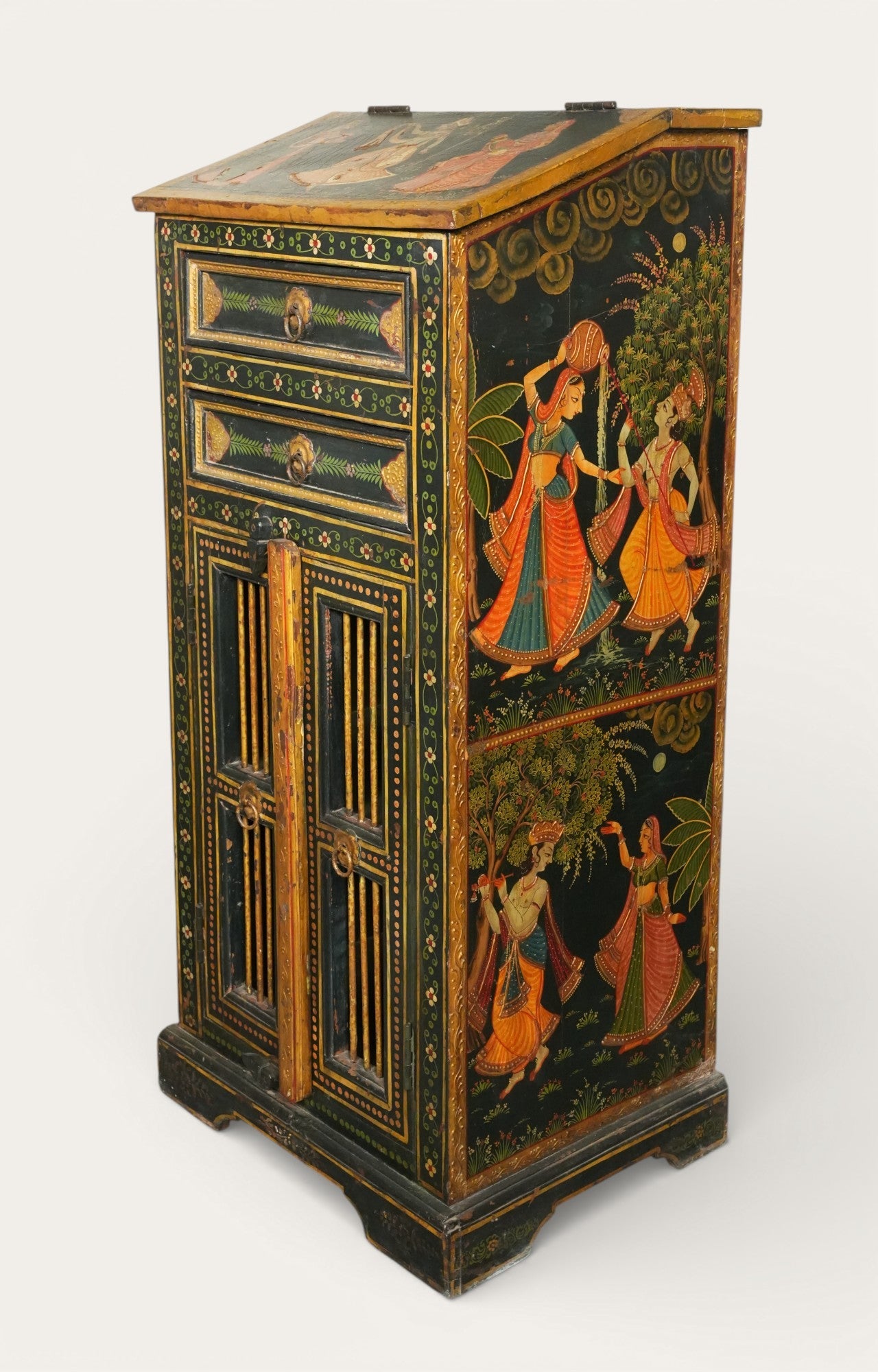 Hand-Painted Tall Wooden Cabinet with Rajasthani Figures