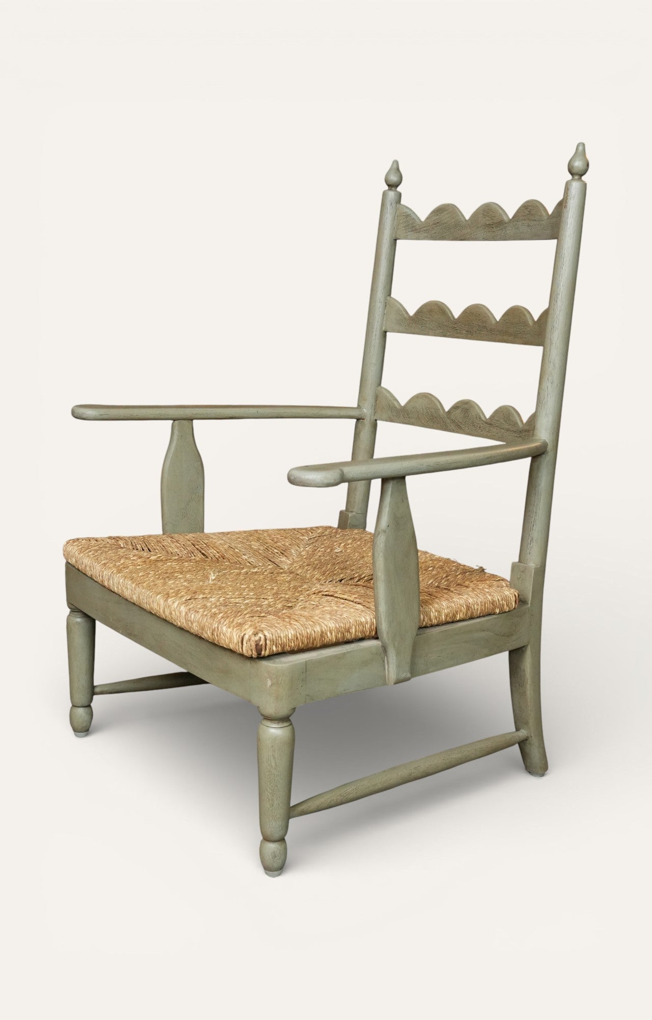 Vintage Sage Green Ladderback Armchair with Rush Seat