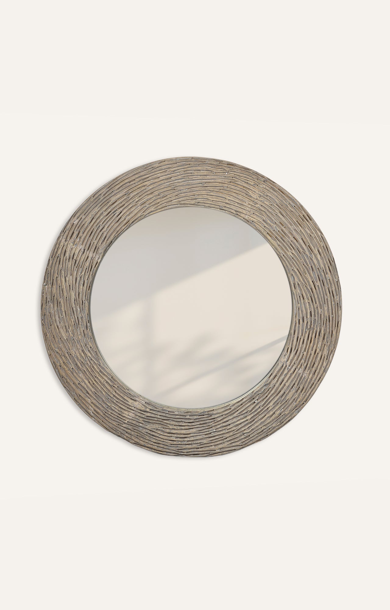 Ribbed Acacia wood round framed mirror