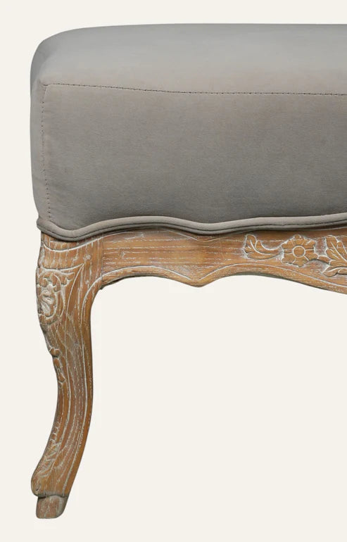 French Provincial Carved Cabriole Ottoman in Grey Linen
