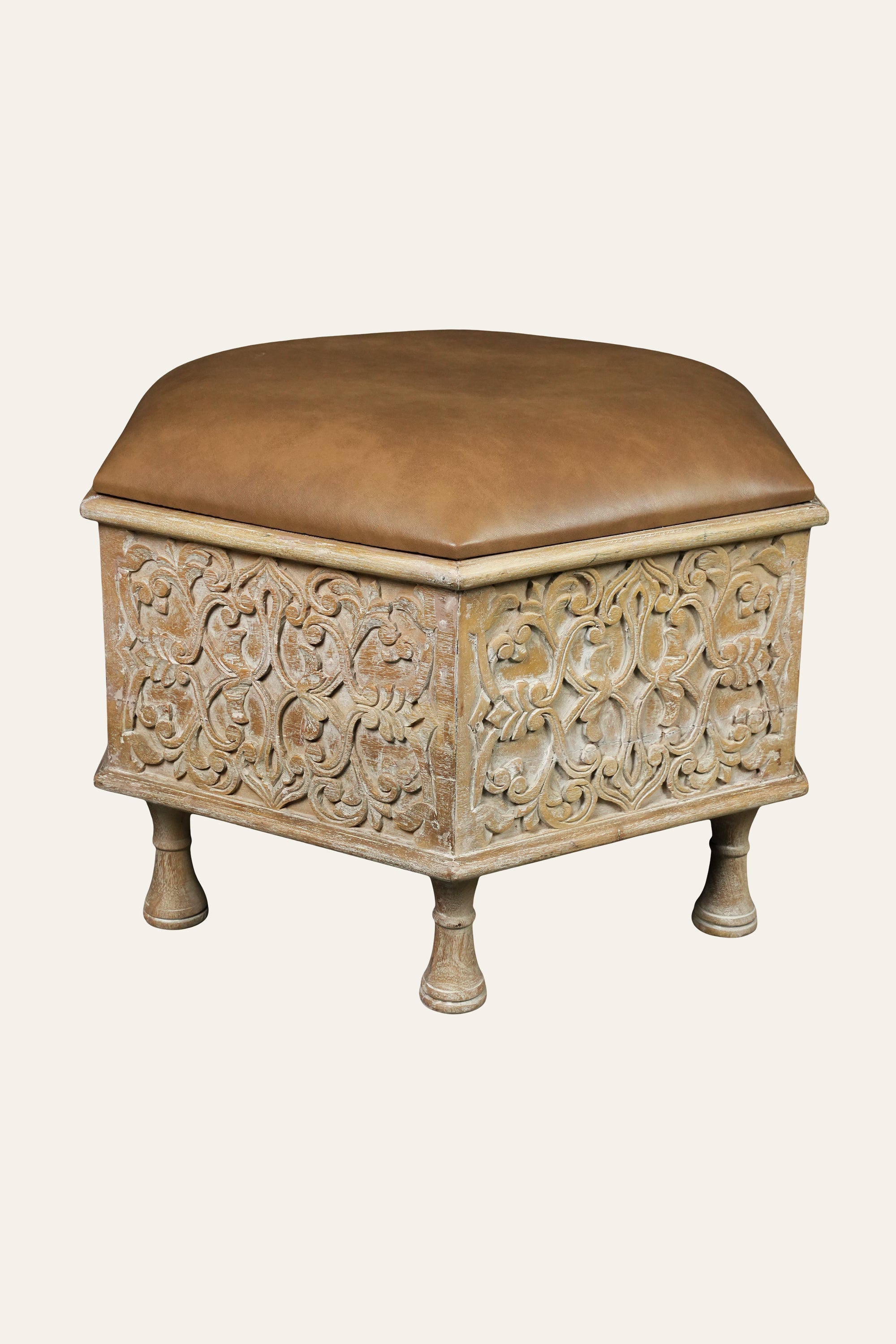 Carved Wooden Ottoman with Tan Leather Upholstery