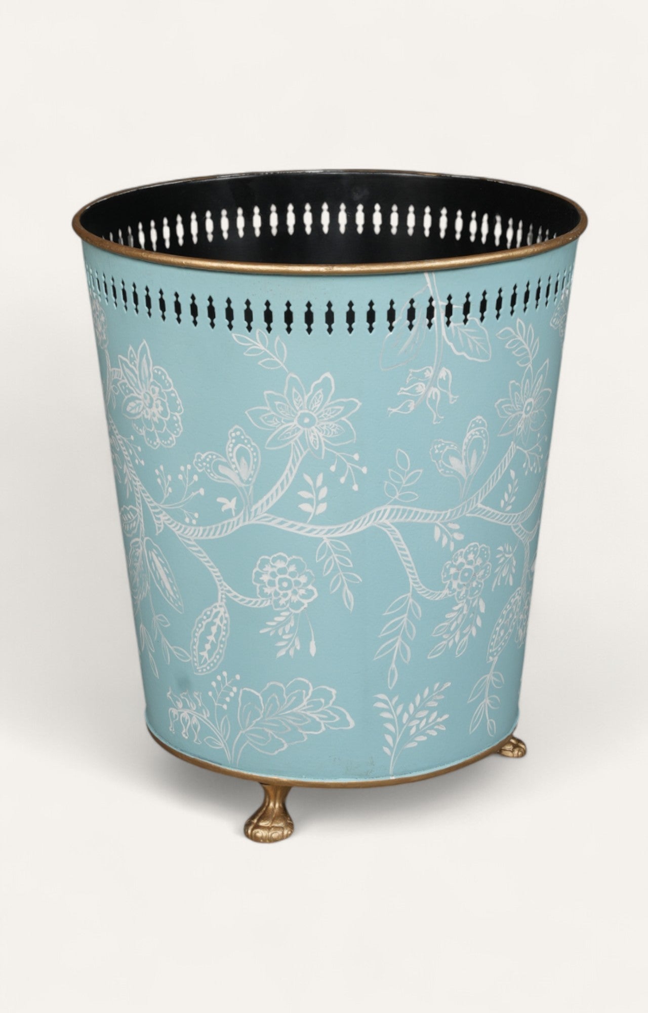 Blue Floral Metal Waste Bin & Planter With Perforated Rim