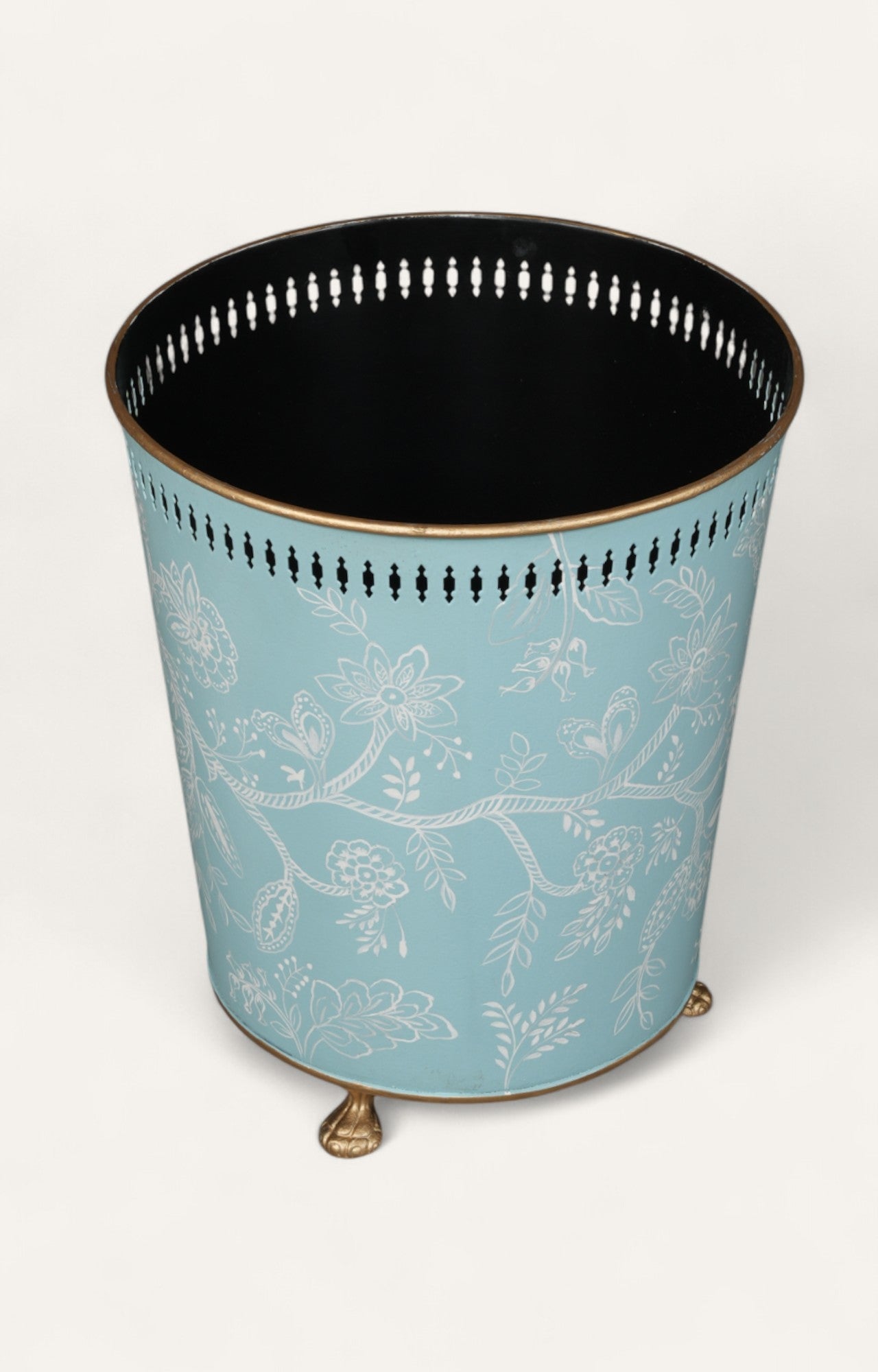 Blue Floral Metal Waste Bin & Planter With Perforated Rim