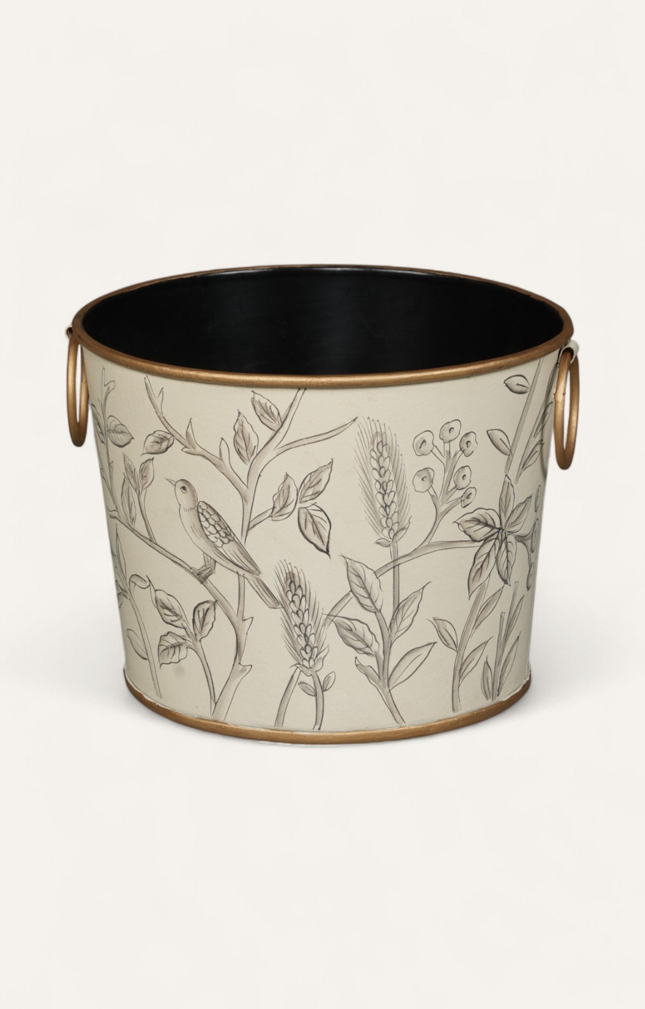 Monochrome Botanical Bird Metal Waste Bin & Planter Big