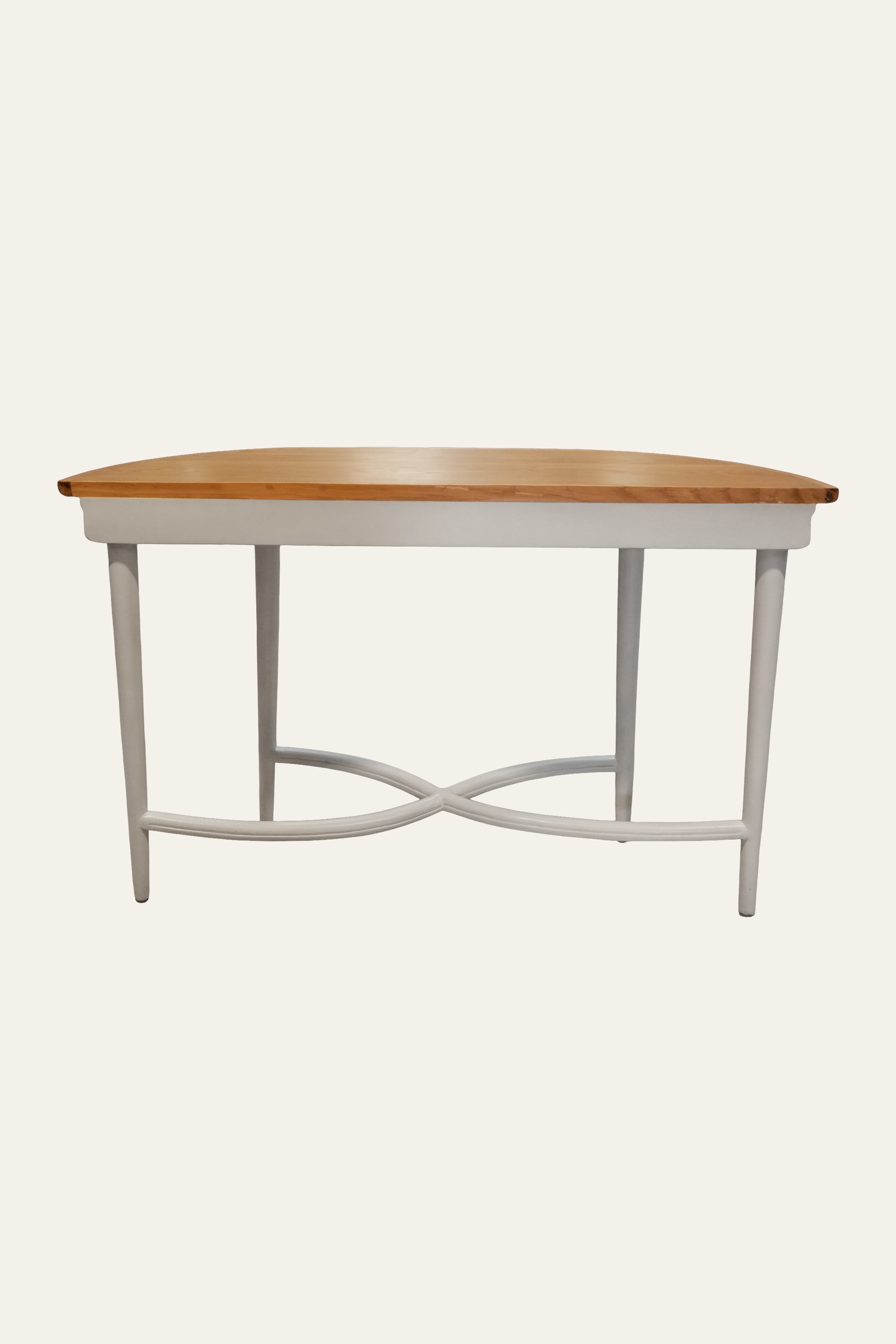 White Half-Round Console Table with Natural Wood Top