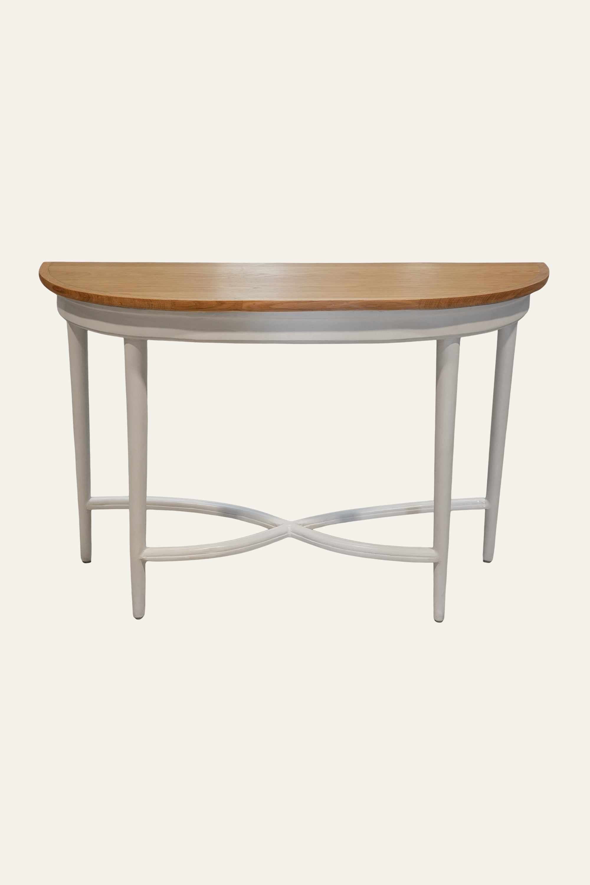 White Half-Round Console Table with Natural Wood Top