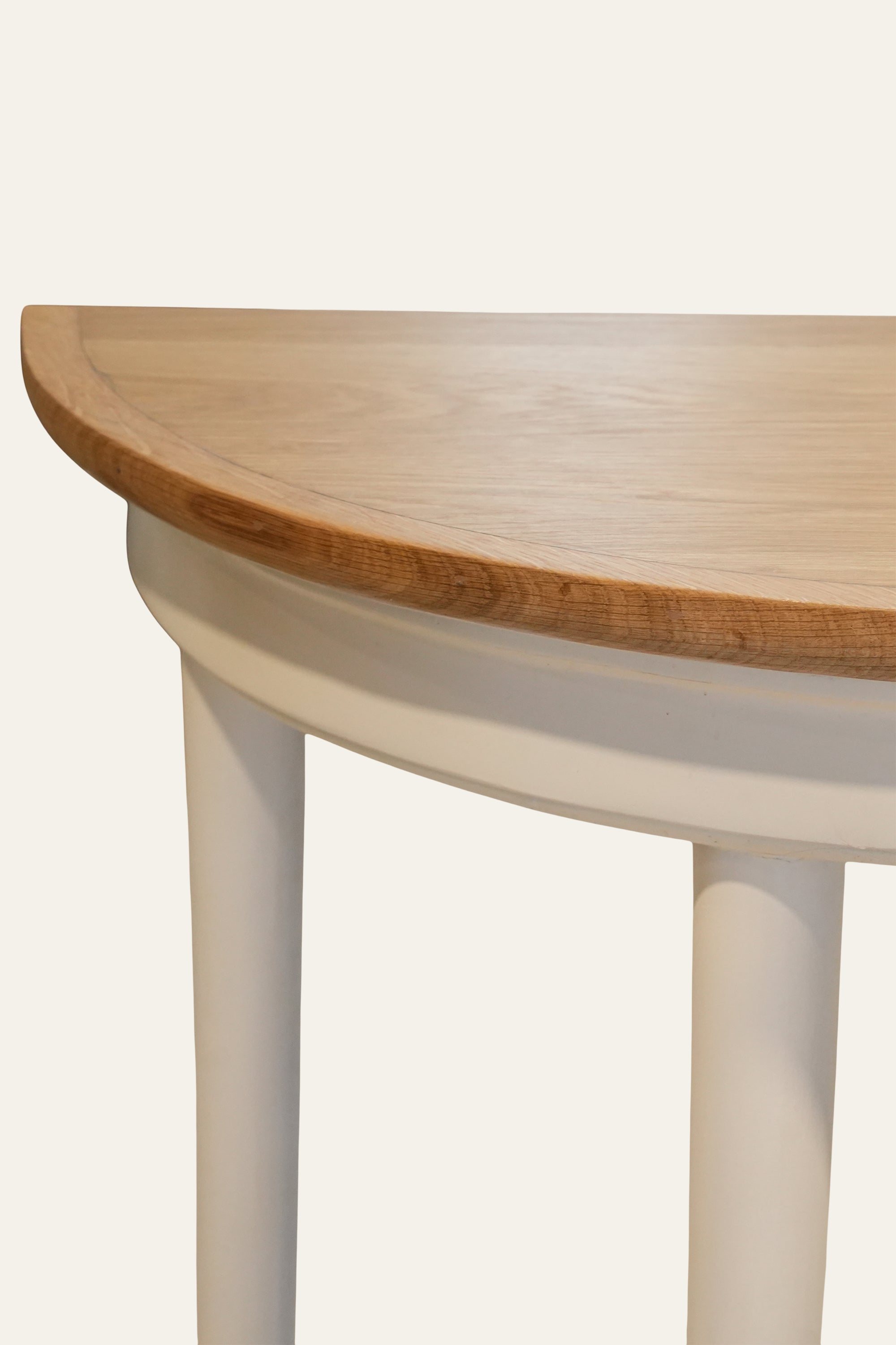 White Half-Round Console Table with Natural Wood Top