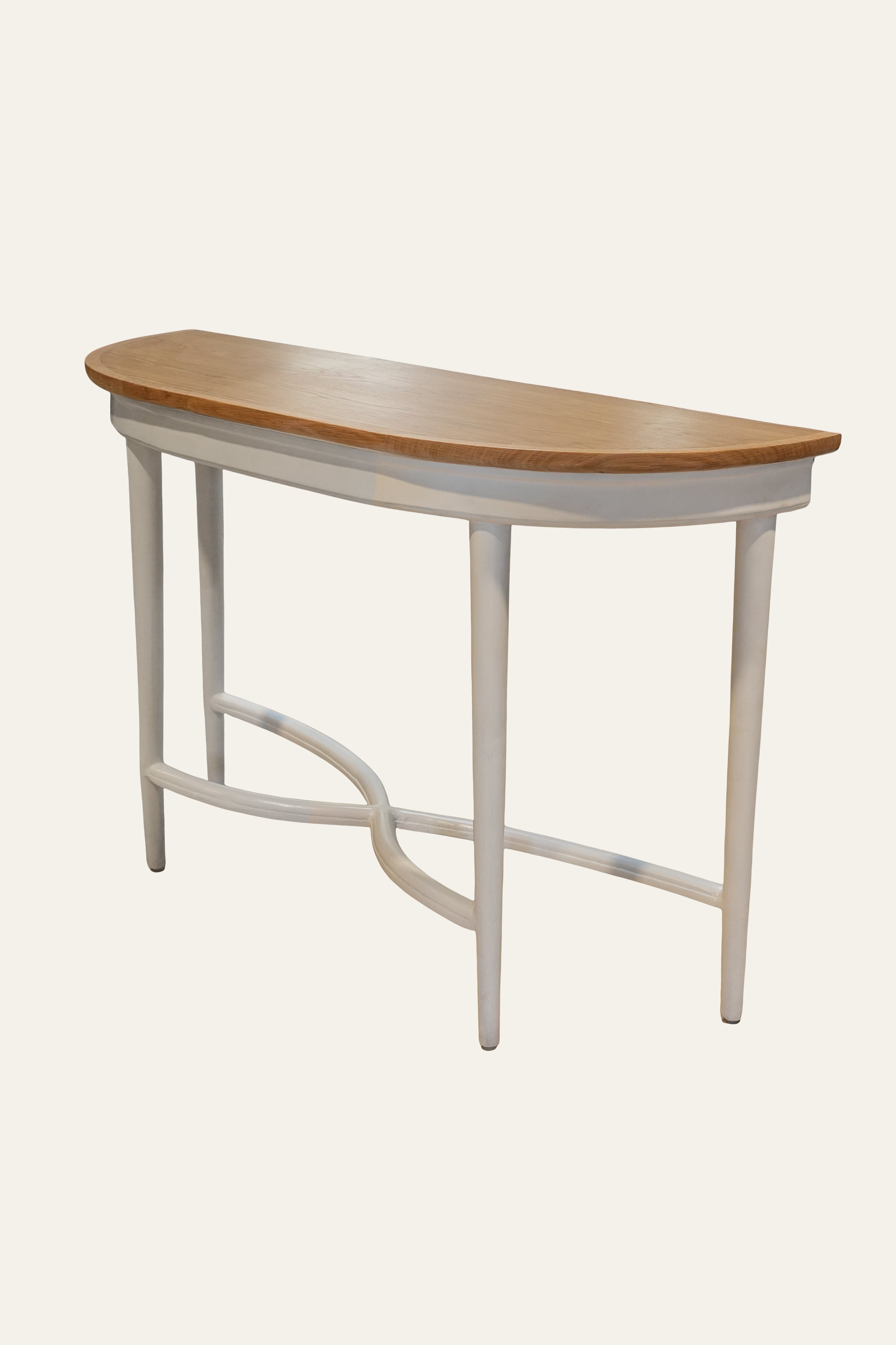 White Half-Round Console Table with Natural Wood Top