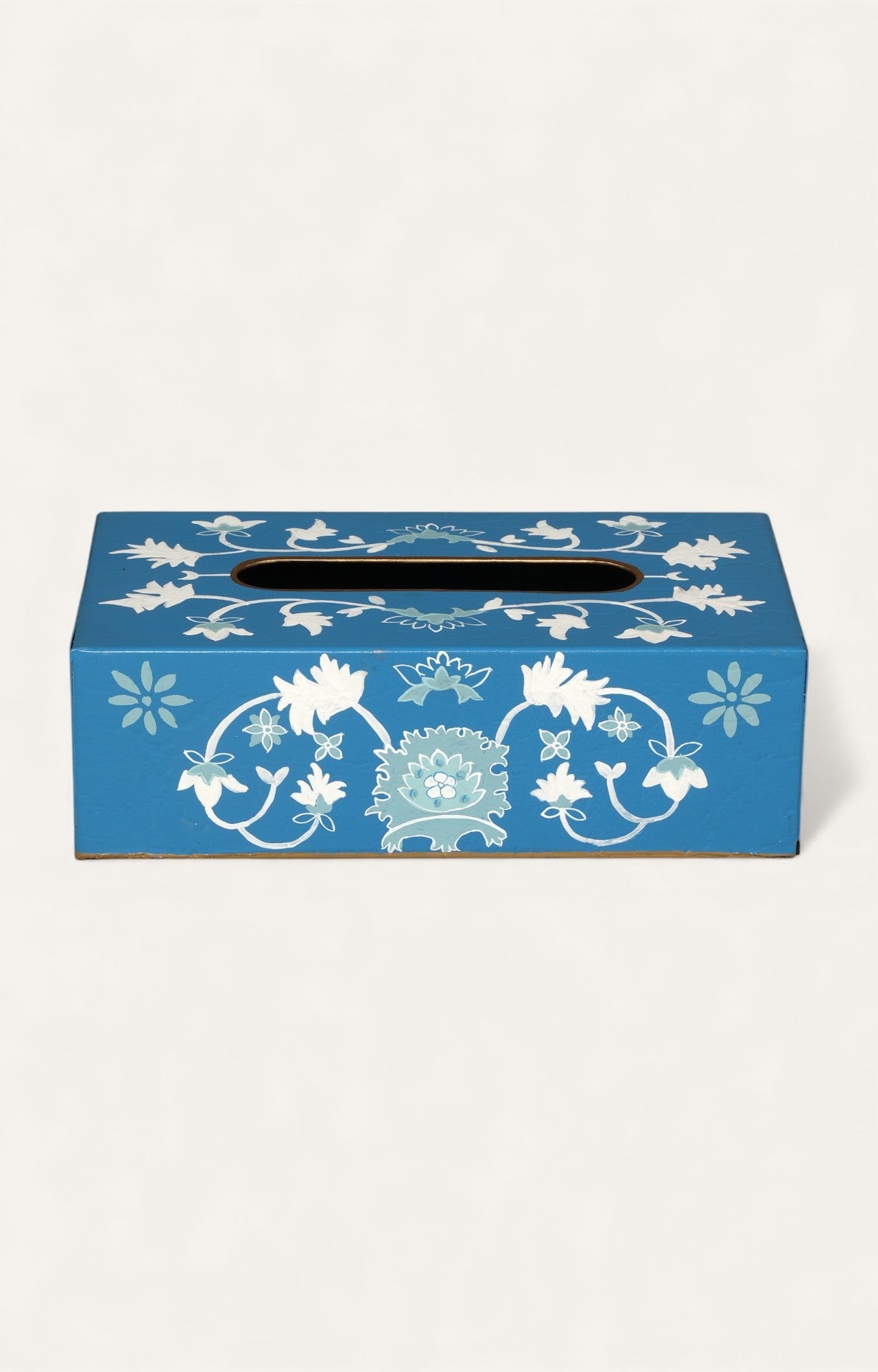 Blue Hand-Painted Metal Tissue Box with Floral Motifs