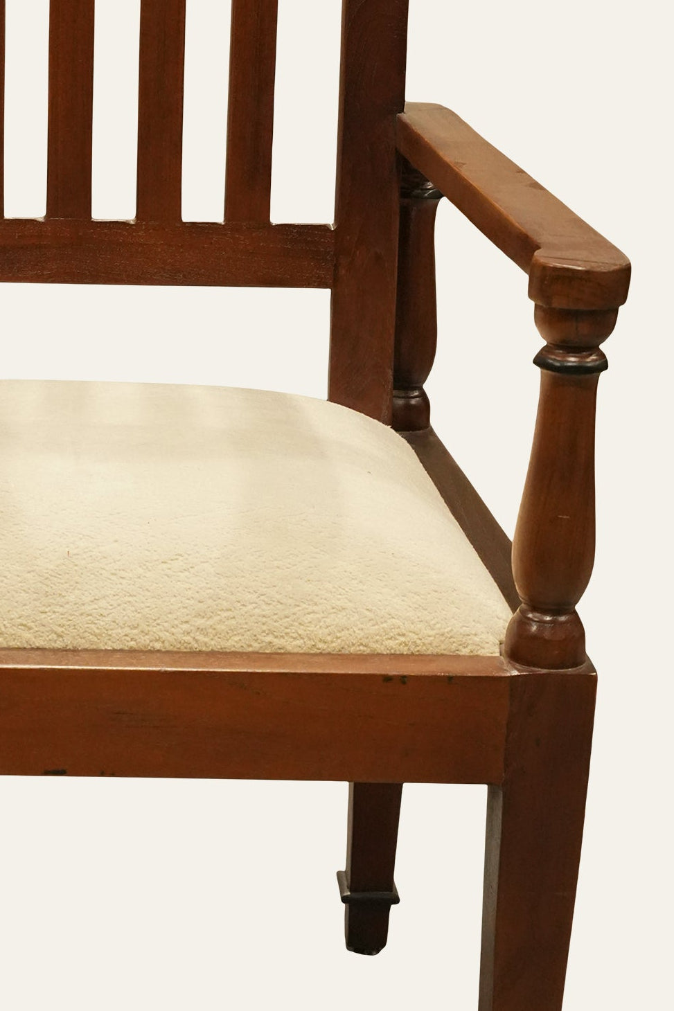 Brown Slatted Backrest Wooden Armchair with Cushioned Seat