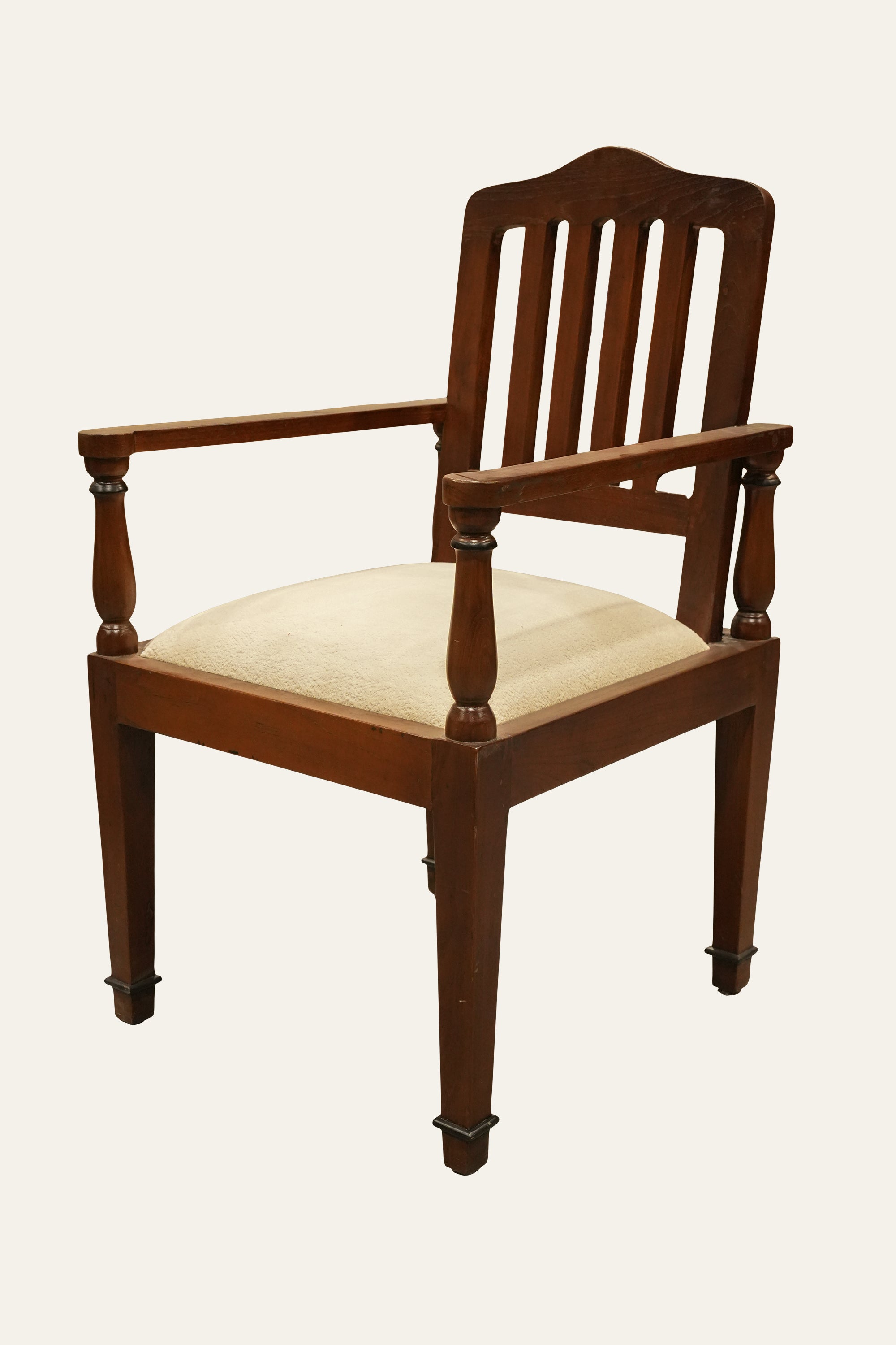 Brown Slatted Backrest Wooden Armchair with Cushioned Seat