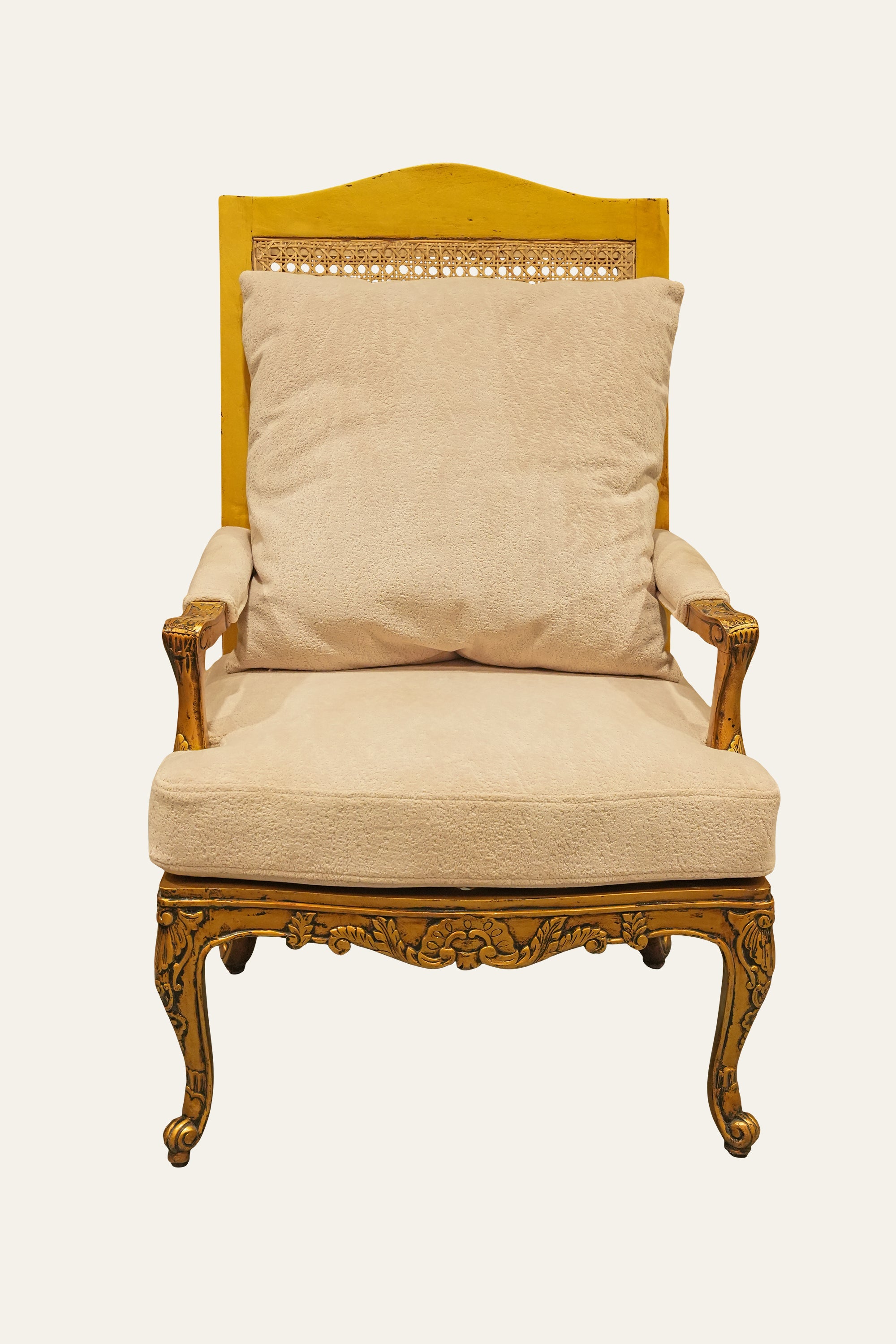 French Style Cane Back Armchair with Cream Upholstered Seat