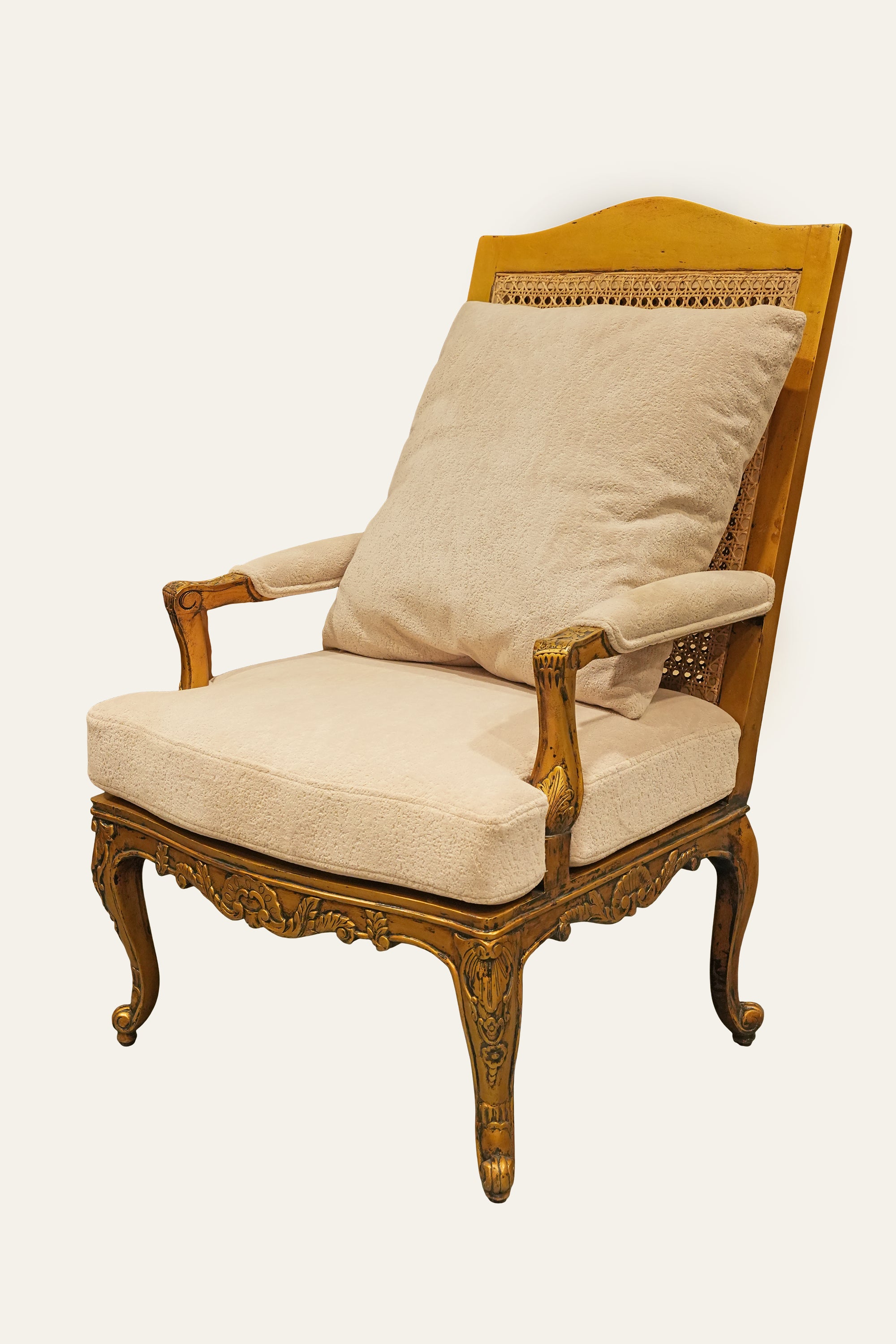 French Style Cane Back Armchair with Cream Upholstered Seat