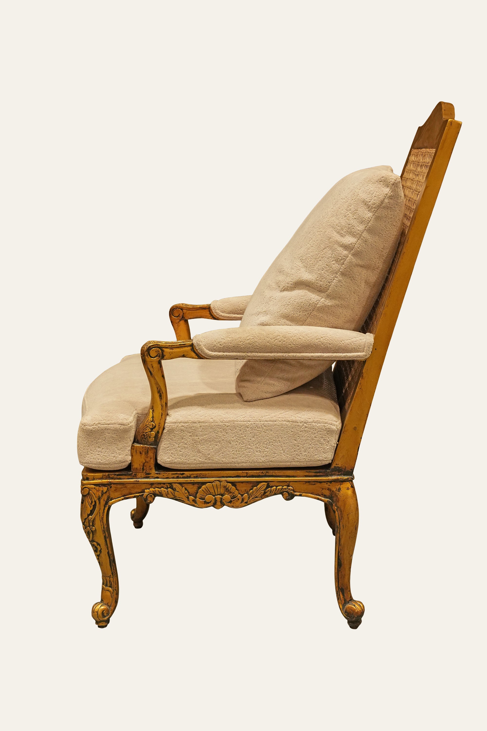 French Style Cane Back Armchair with Cream Upholstered Seat