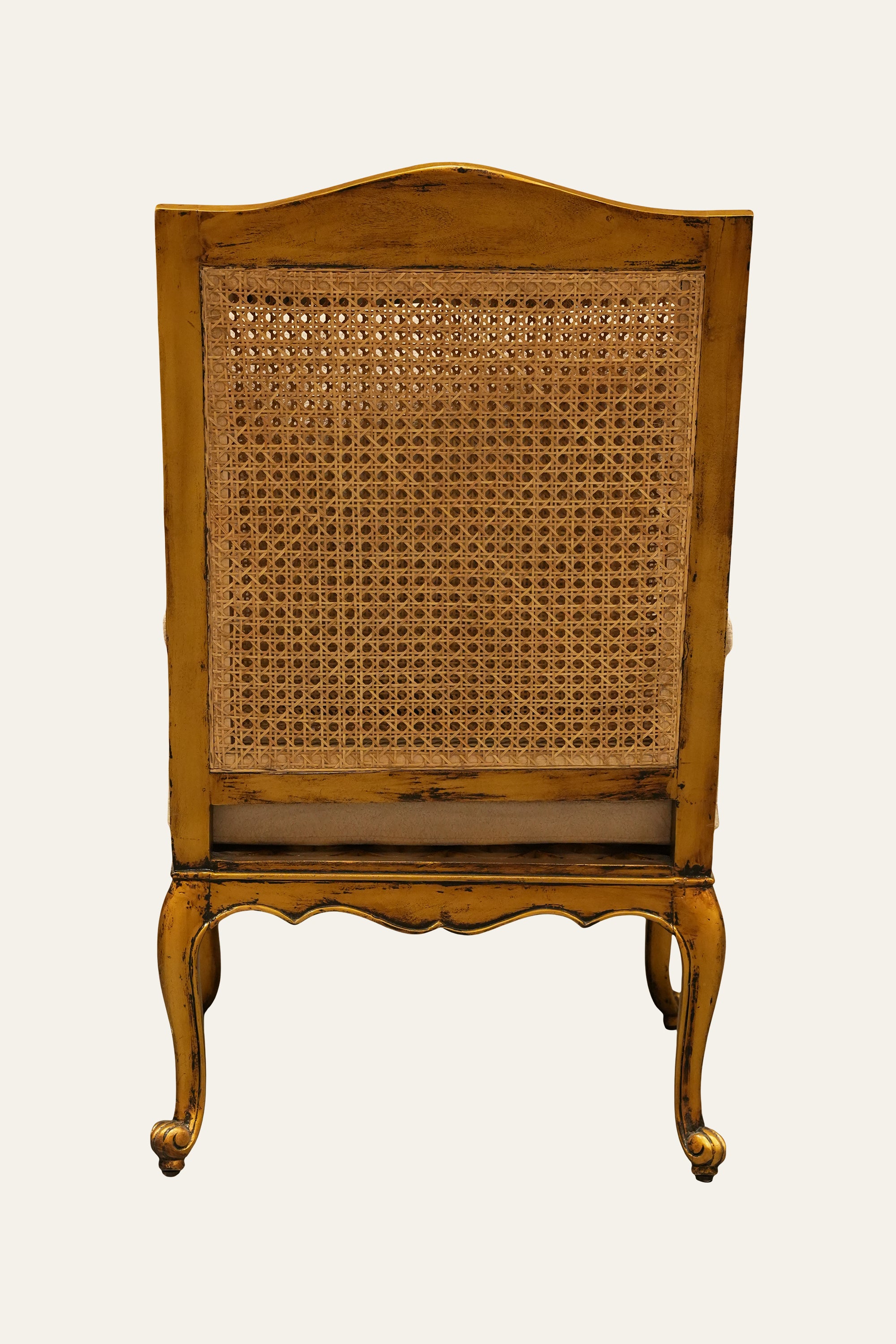 French Style Cane Back Armchair with Cream Upholstered Seat