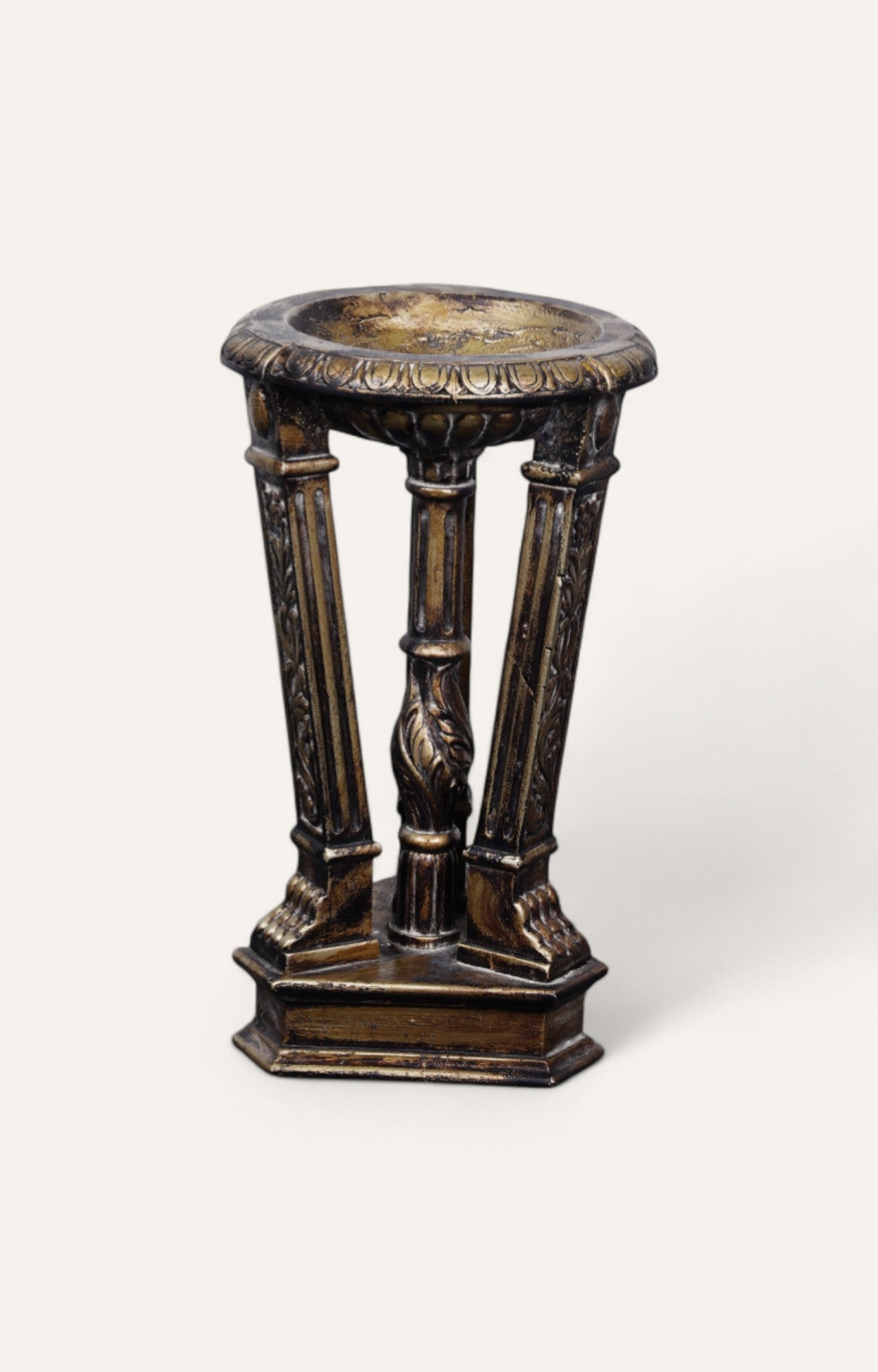 Antique gold carved teak wood pedestal candle stand
