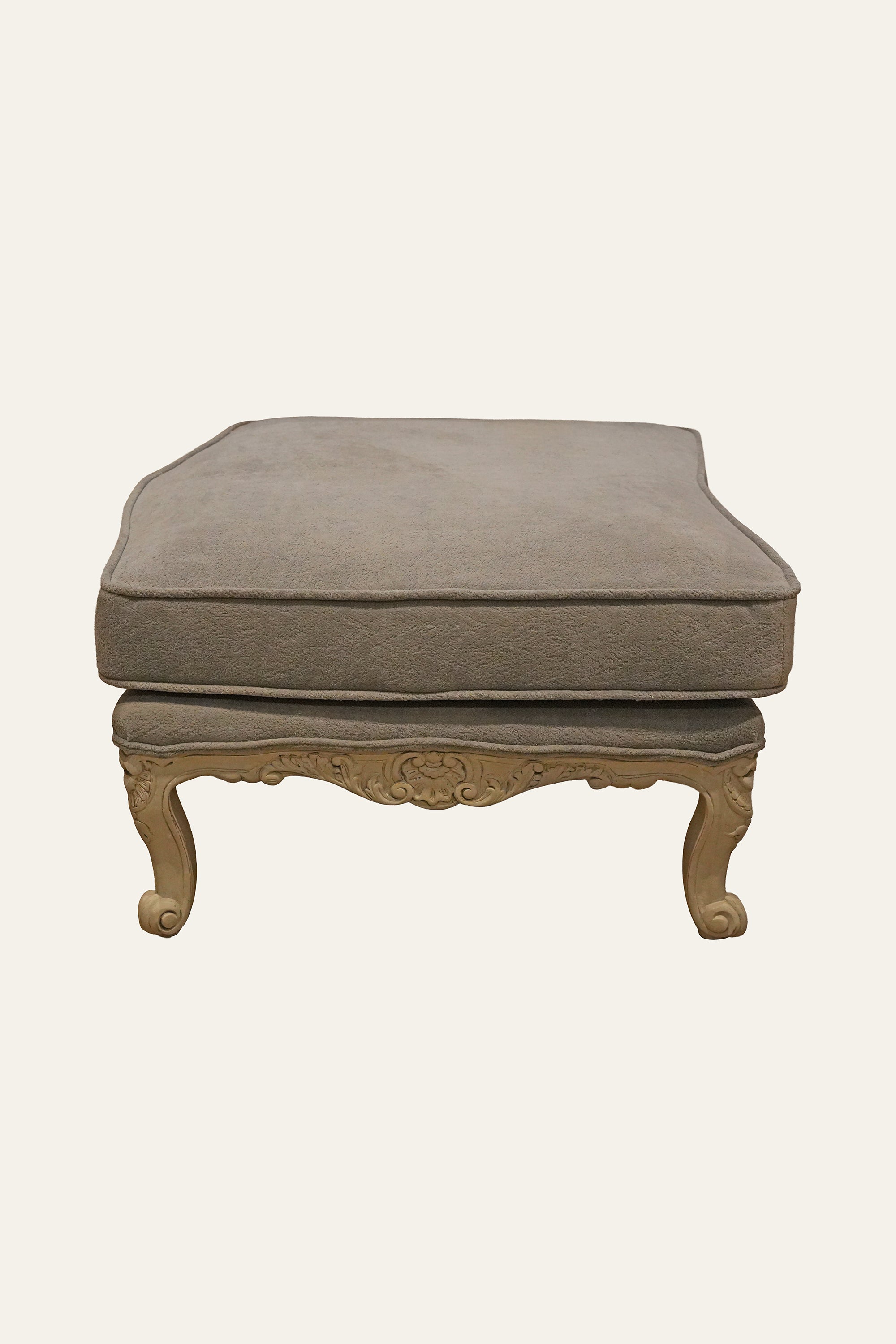 French Provincial Style Grey Upholstered Ottoman with Carved Curved Legs
