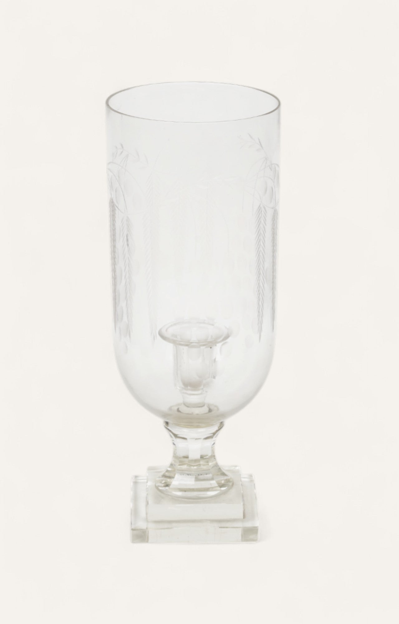 Etched clear glass hurricane candle stand on square base with wheat pattern

